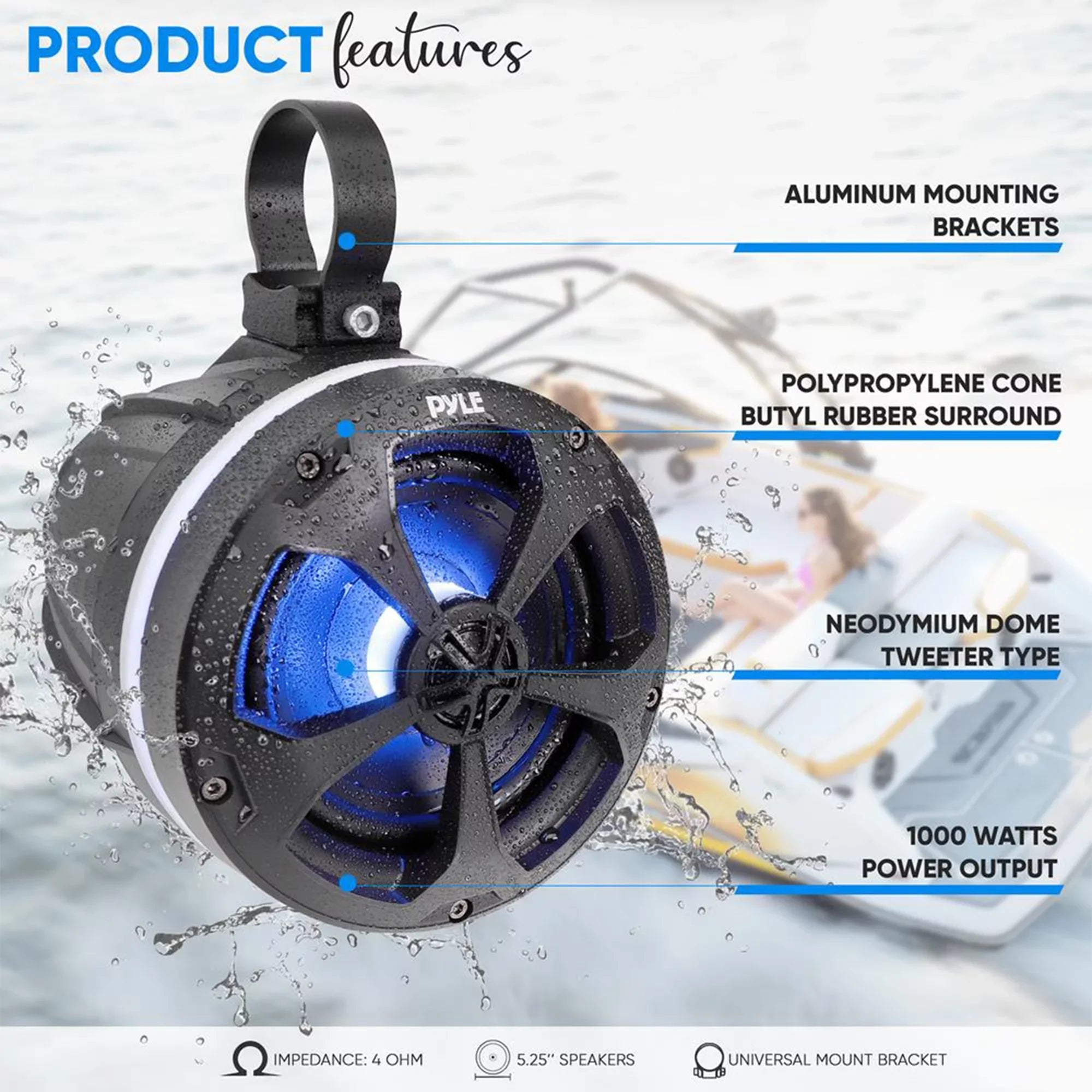 Pyle 5.25 In 1,000 Watt 2 Channel Waterproof Off Road Ship and ATV Speakers