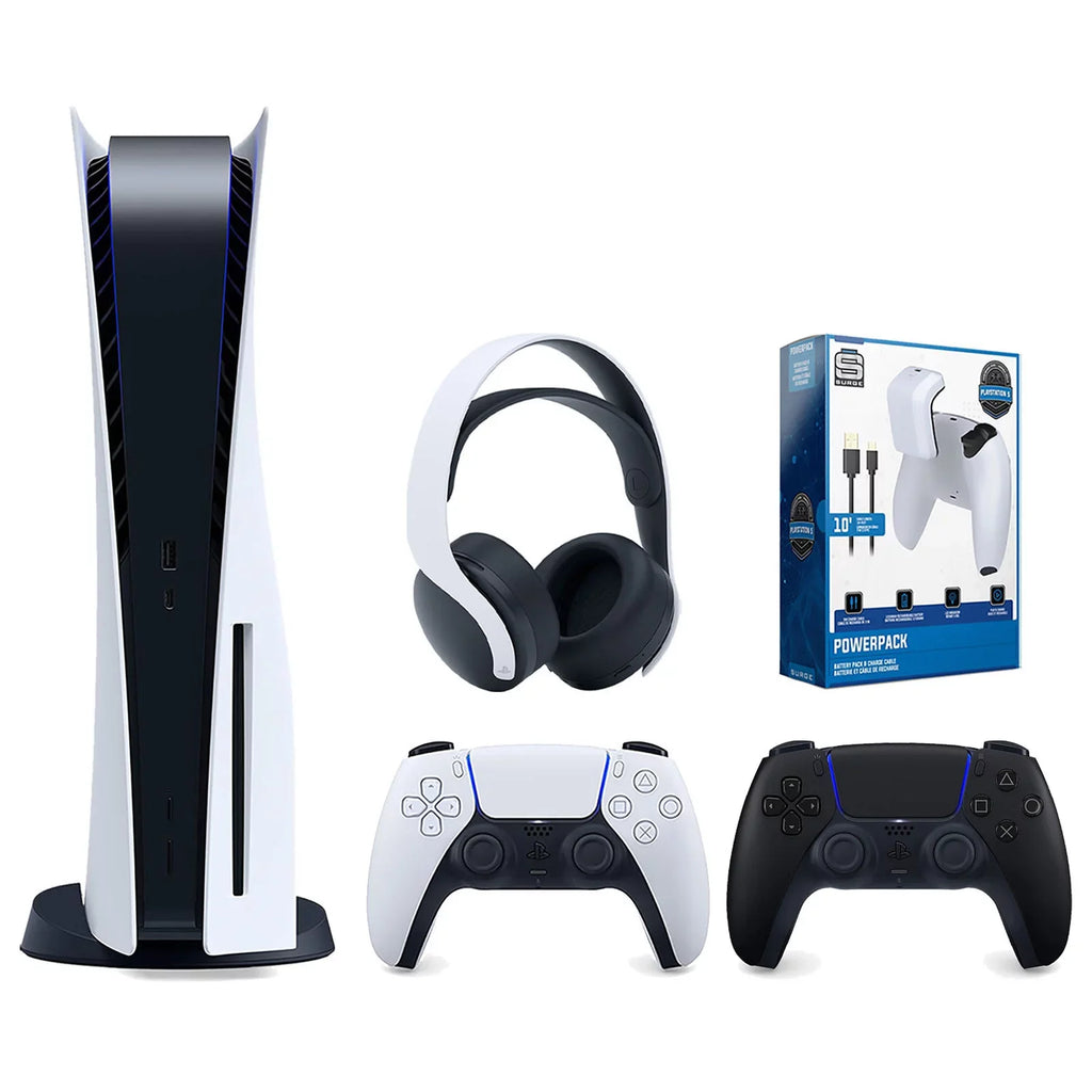 Sony Playstation 5 Disc Version Console with Extra Black Controller, White PULSE 3D Headset and Surge PowerPack Battery Pack & Charge Cable Bundle