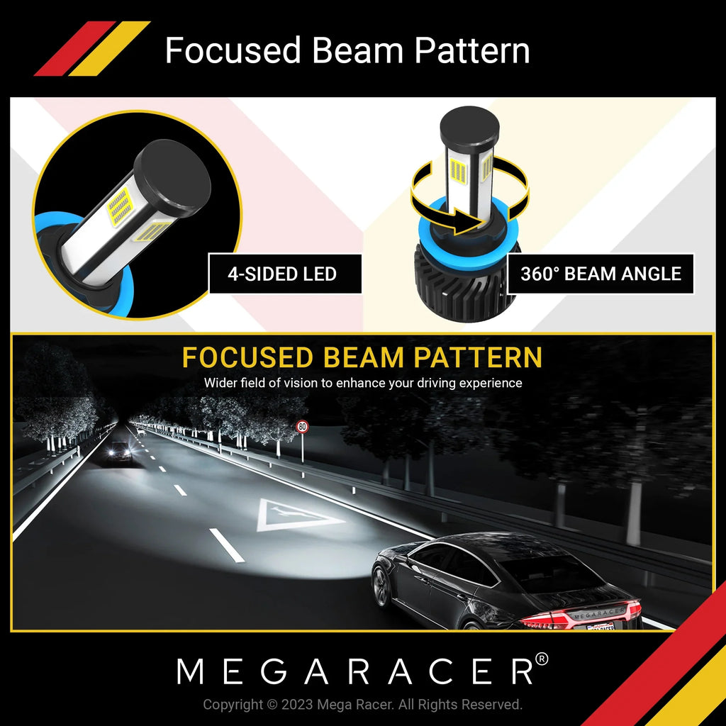 Mega Racer Fiat 500L 4 Sided H11 H9 H8 LED Headlight Bulbs 6000K Diamond White 12V 60W 10000LM Fiat 500L 2014 2015 2016 2017 2018 2019 14 15 16 17 18 19 Fog Light Automotive Replacement