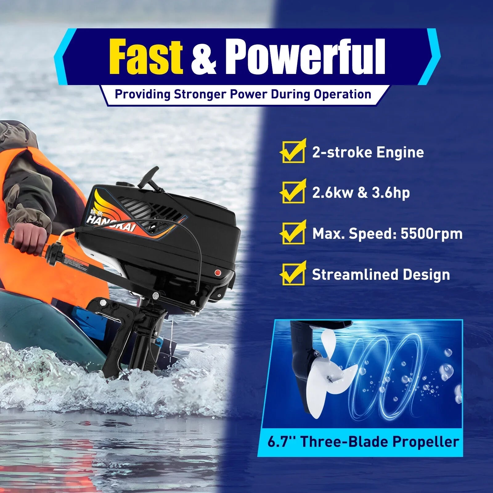 HANGKAI 2 Stroke 3.6 HP Outboard Motor Fishing Vessel Engine Water Cooling CDI Outboard Ship Motor 90cm/35.4in