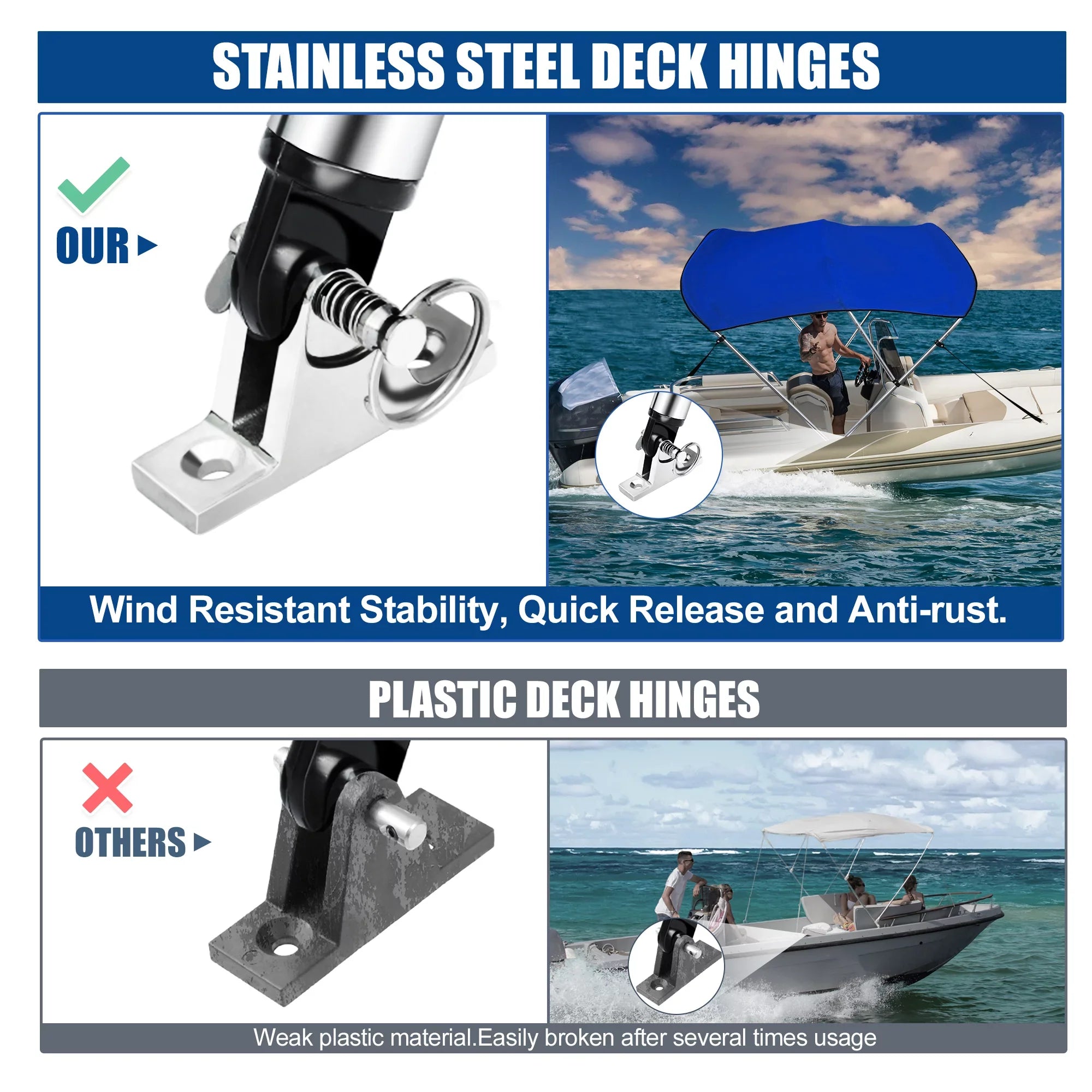 Unique Bargains 600D 3 Bow 6"L x 46"Hx61"-66"W Bimini Top Stainless Steel Deck Hinges Blue