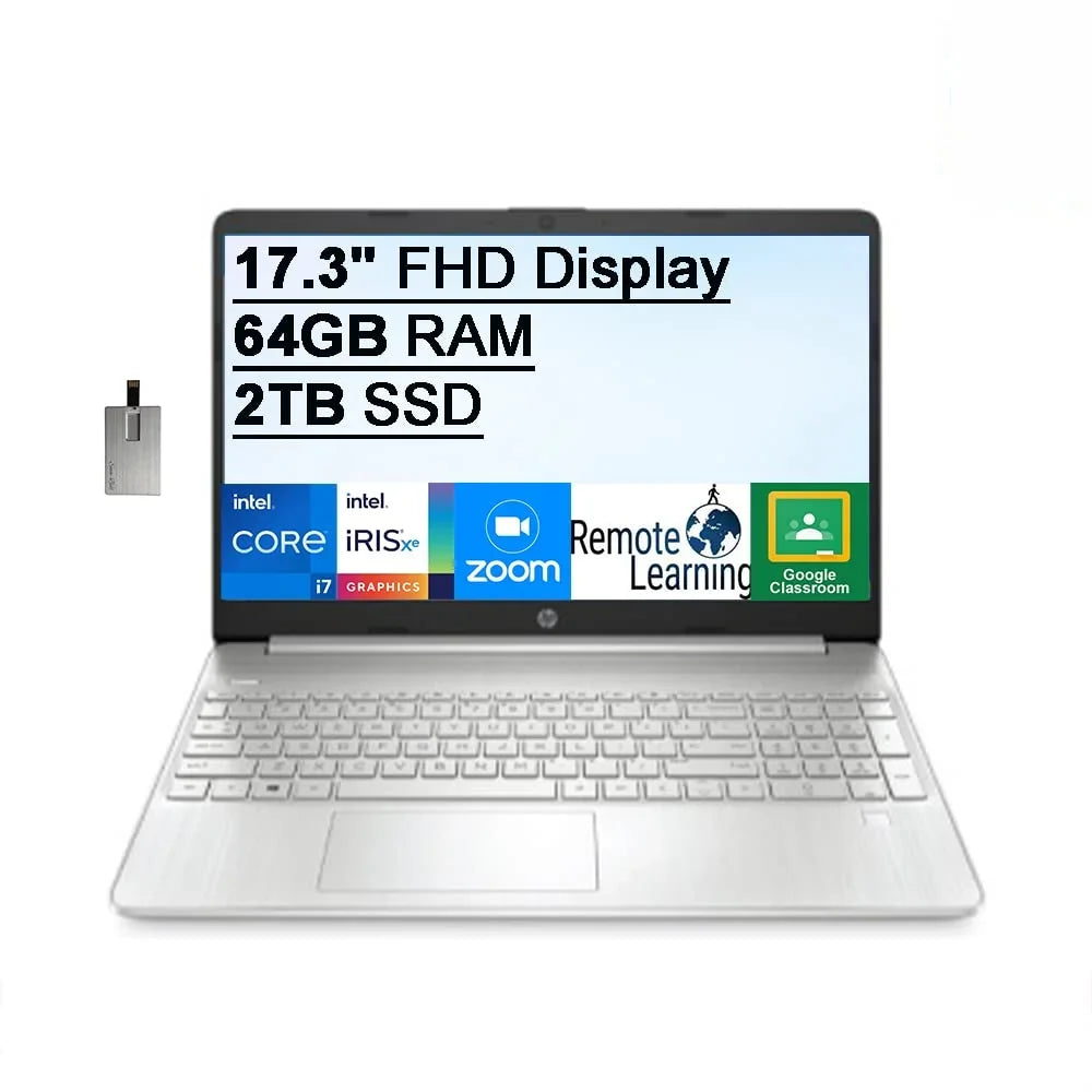 HP 2021 17.3" FHD IPS Laptop Computer, 11th Generation i7-1165G7, 64GB RAM, 2TB PCIe SSD, Backlit Keyboard, Iris Xe Graphics, HD Webcam, HD Audio, Windows OS, Silver, 32GB USB Card