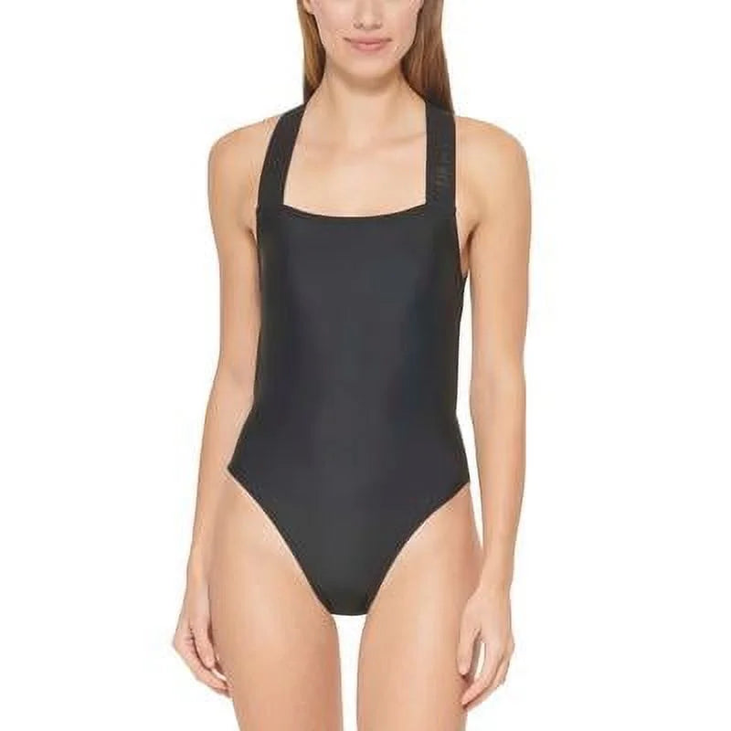DKNY BLACK Logo Cross-Back One-Piece Swimsuit, US Medium