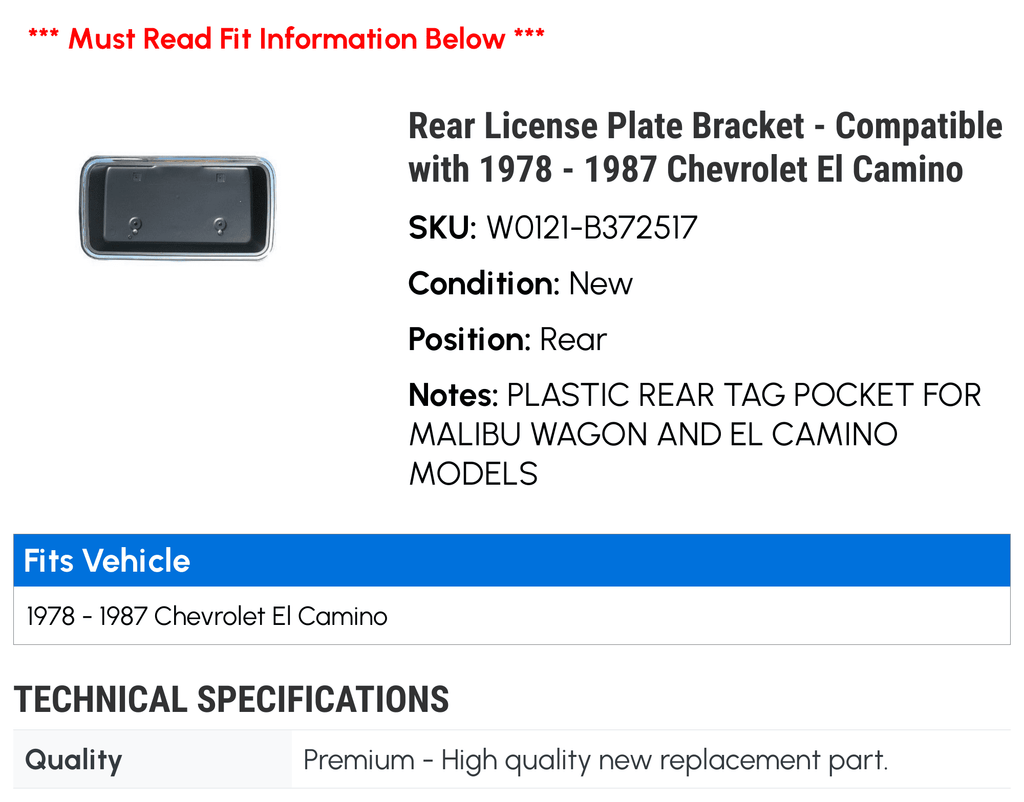 Rear License Plate Bracket - Matching with 1978 - 1987 Chevy El Camino 1979 1980 1981 1982 1983 1984 1985 1986