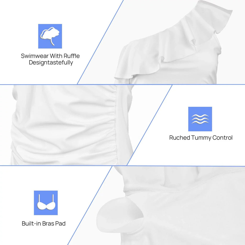Coaee Pink Flamingo Women's One Piece Swimsuits One Shoulder Swimwear Asymmetric Ruffle Monokinis Bathing Suits - Small