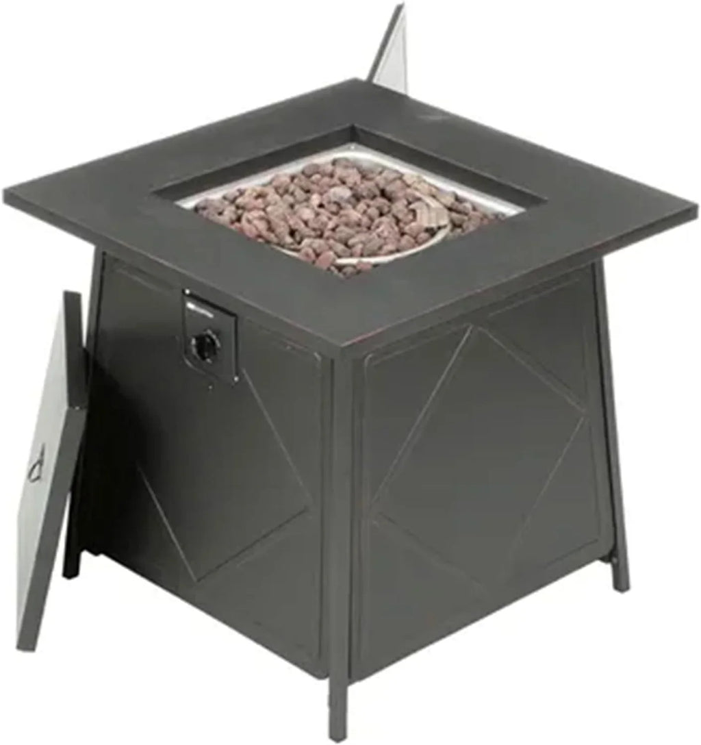 28 Inch Steel Square Gas Outdoor Backyard Tabletop Fire Pit with Lava Rocks and Steel Coating Lid, Black