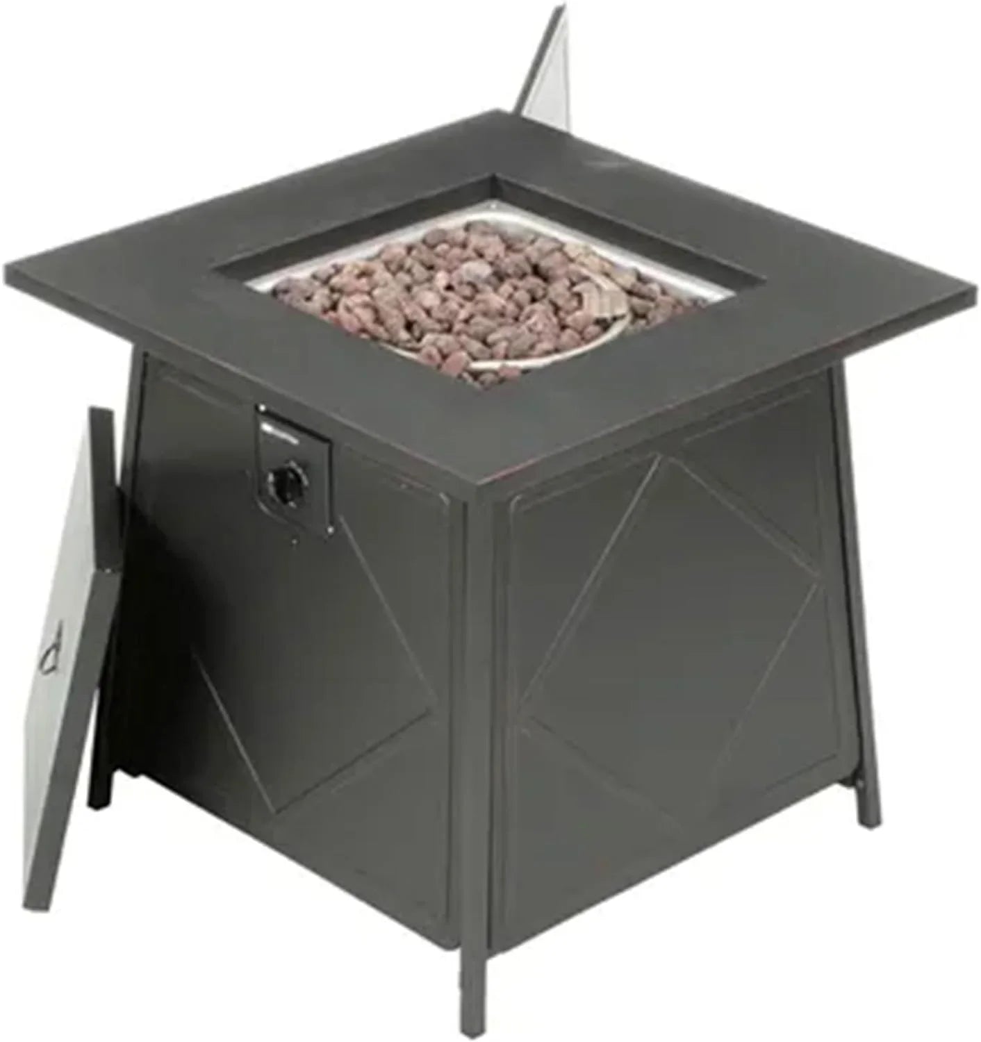 28 Inch Steel Square Gas Outdoor Backyard Tabletop Fire Pit with Lava Rocks and Steel Coating Lid, Black
