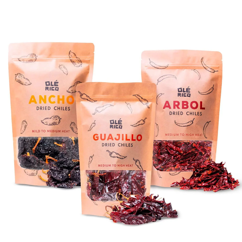 OLÉ RICO - Dried Chile Peppers 3 Pack Bundle (12 oz Total) - Ancho Chiles, Guajillo Chiles and Arbol Chiles - The Spicy Trio - Excellent For Mexican Recipes - Packaged In Resealable Bags
