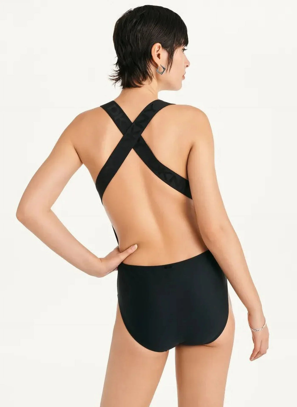 DKNY BLACK Logo Cross-Back One-Piece Swimsuit, US Medium