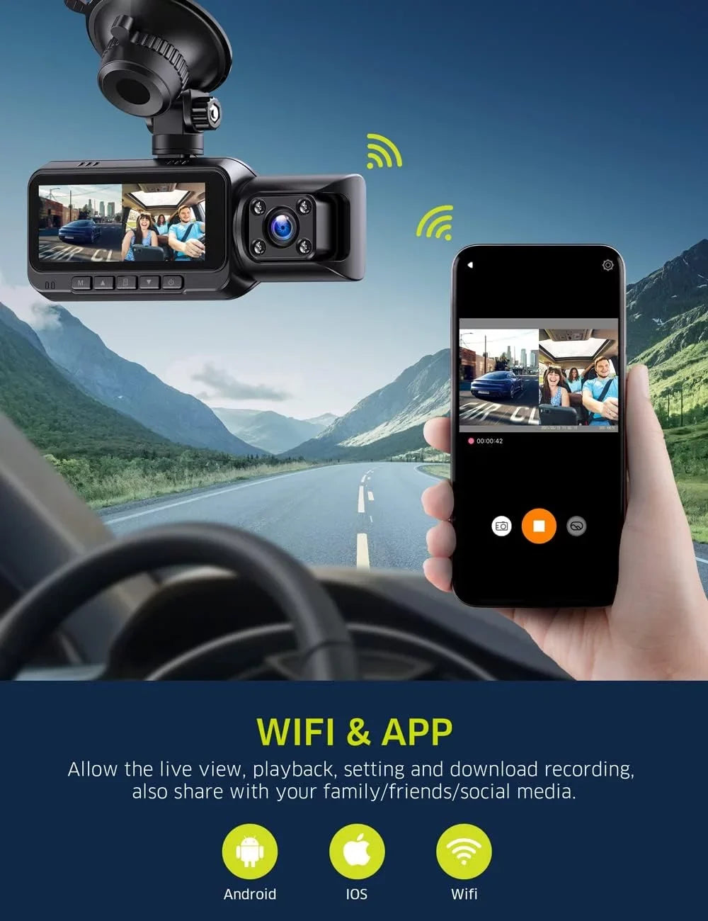 TOGUARD 4K Dual Dash Cam GPS WiFi Car Camera, 2160P+1080P Dashcam Front and Inside IR Night Vision, 3.16” IPS Screen, Night Vision, 170°Wide Angle, WDR, 24H Parking Mode
