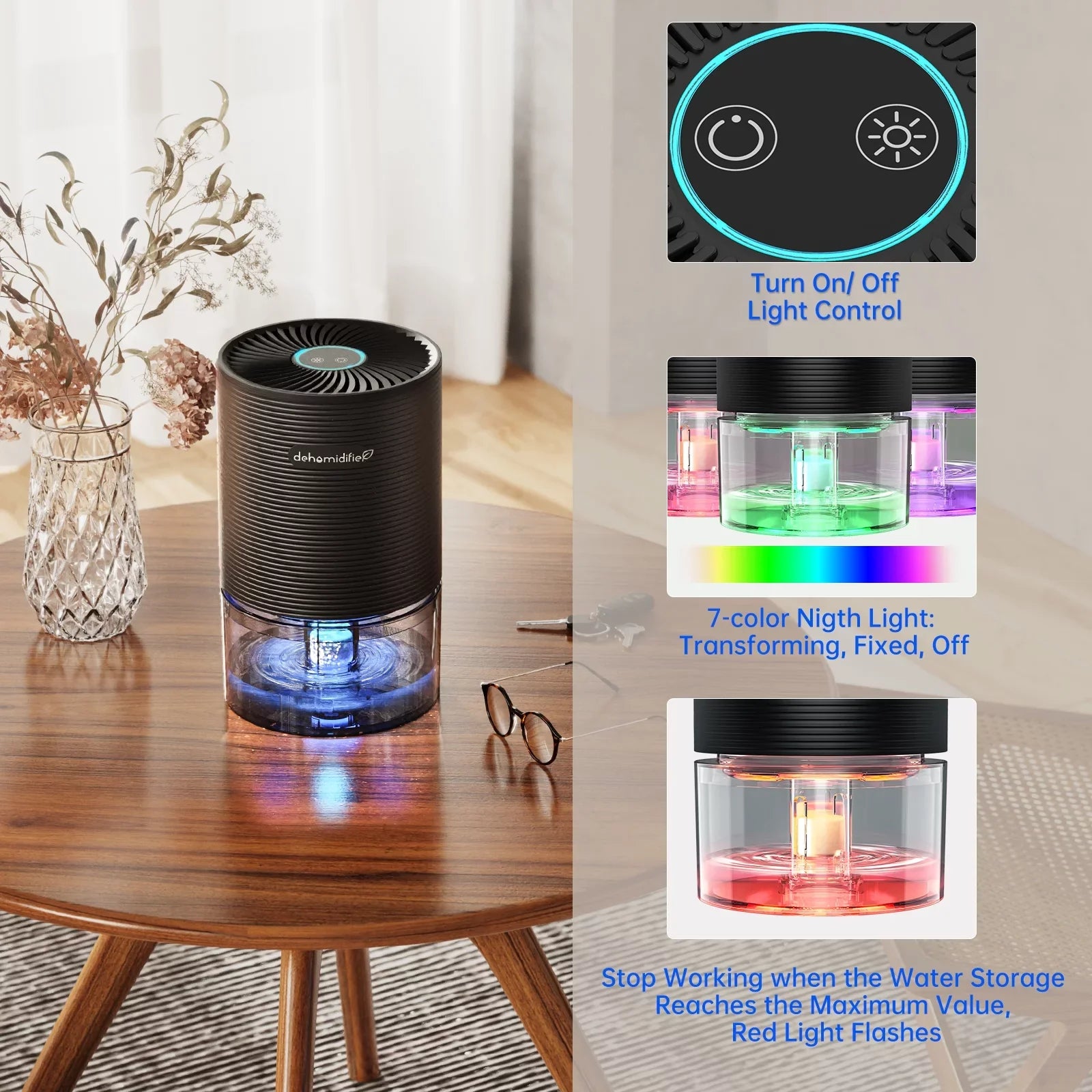 Alrocket Small Dehumidifiers for Bedroom 27oz with Auto-off,7 Colors LED Light up to 215 sq.ft-Black