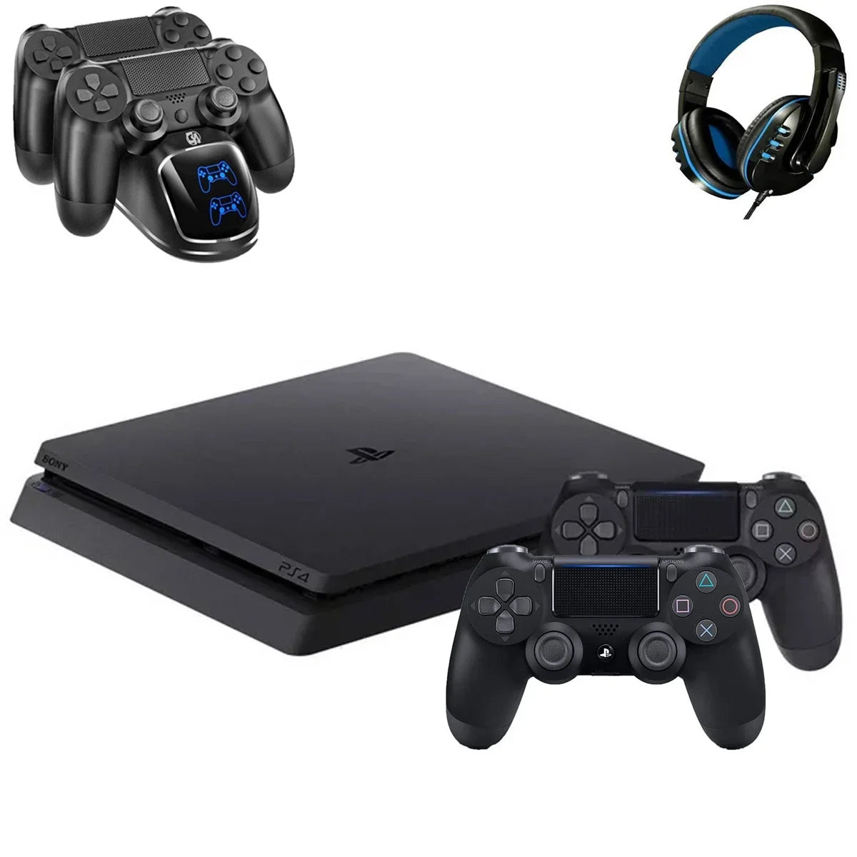 Sony 2215A PlayStation 4 Slim 500GB Gaming Console Black with Charging Dock Headset 2 Controller Bolt Axtion Like New