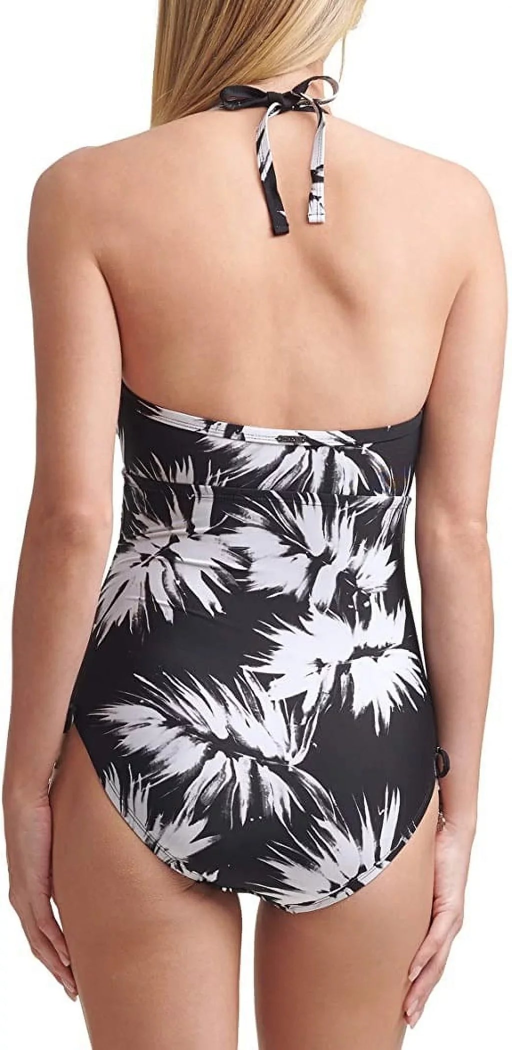 DKNY Womens Printed Adjustable Side Halter One-Piece Swimsuit, Black/White, 18