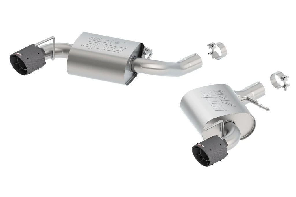 Borla 11923CFBA ATAK Axle-Back Exhaust System; 2.75 in.; Incl. Right And Left Hand Mufflers/Clamps/4.5 x 5.75 in. Black Carbon Fiber Round Tips; w/o NPP-Dual Mode Exhaust; Single Split Rear Exit;