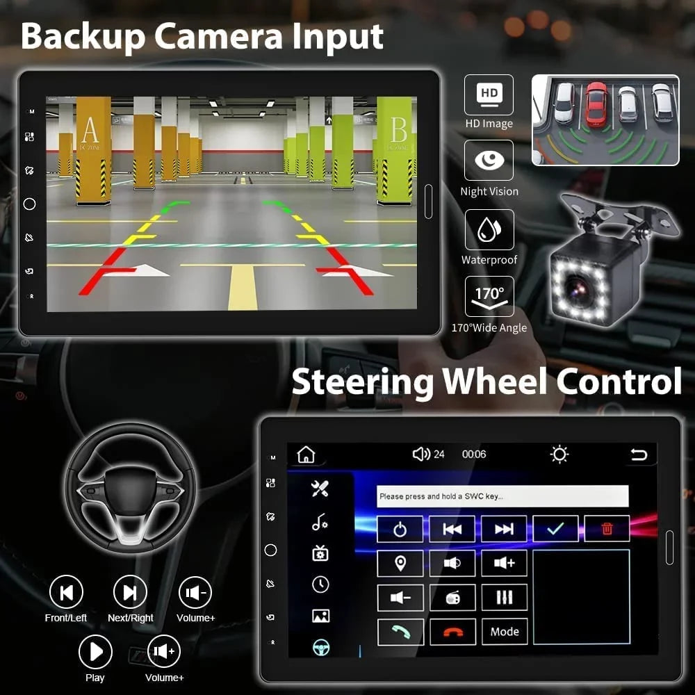 Podofo Single 1 Din 10.1'' Car Stereo Radio Apple Carplay Android Auto IPS Touch Screen 10 inch Car MP5 Player Bluetooth Mirror Link FM TF Card USB,with Rearview Camera