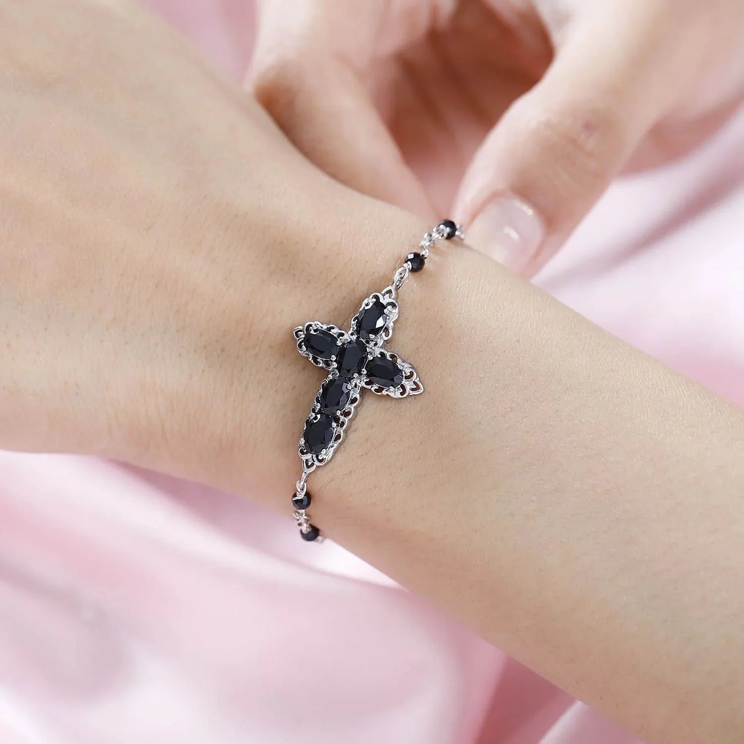 Shop LC Black Spinel Oval Platinum Plated Cross Bracelet for Women Jewelry Ct 4.79 Mothers Day Gifts for Mom