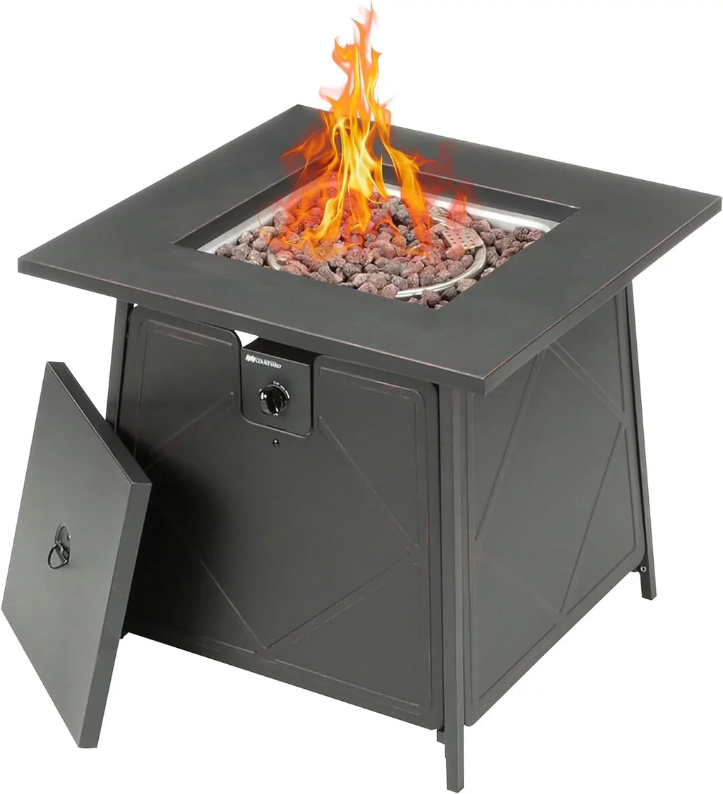 28 Inch Steel Square Gas Outdoor Backyard Tabletop Fire Pit with Lava Rocks and Steel Coating Lid, Black