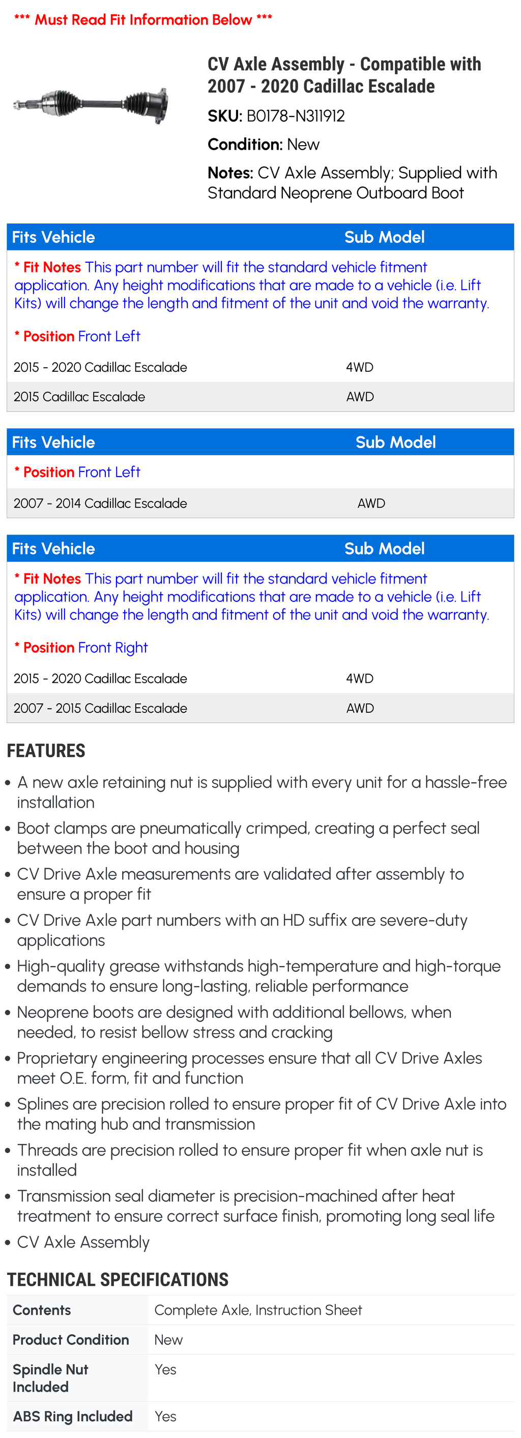 CV Axle Assembly - Matching with 2007 - 2020 Cadillac Escalade 2008 2009 2010 2011 2012 2013 2014 2015 2016 2017 2018 2019