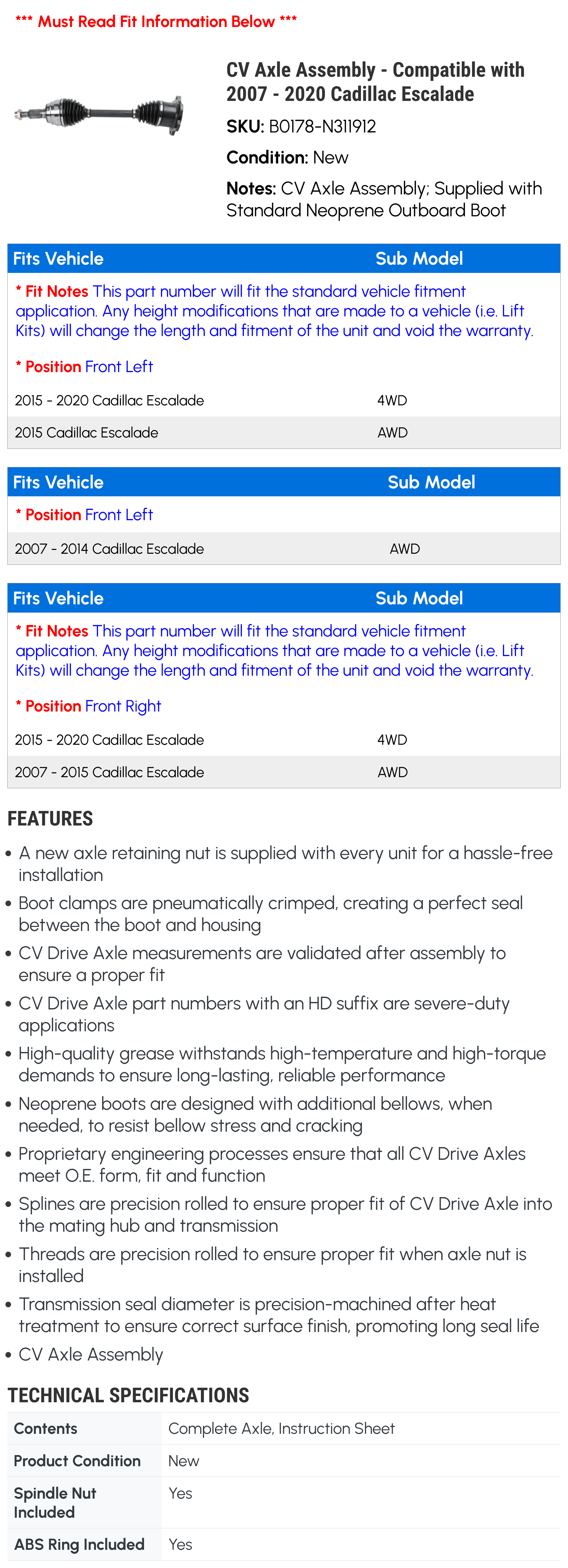 CV Axle Assembly - Matching with 2007 - 2020 Cadillac Escalade 2008 2009 2010 2011 2012 2013 2014 2015 2016 2017 2018 2019