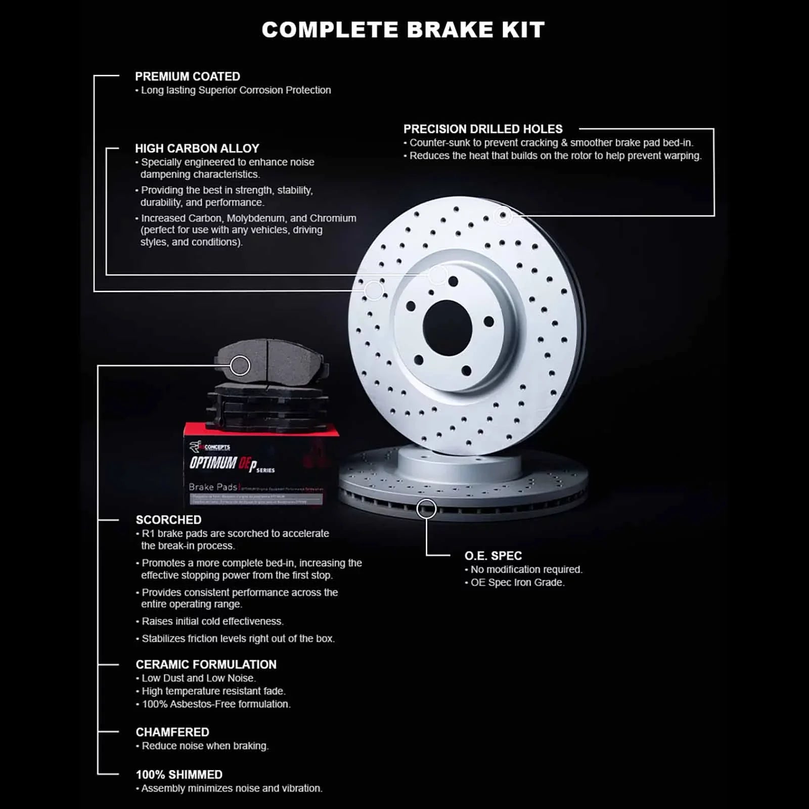 R1 Concepts Front Brakes and Rotors Kit |Front Brake Pads| Brake Rotors and Pads| Optimum OEp Brake Pads and Rotors|fits 2007-2015 INFINITI G35, G37, Q60