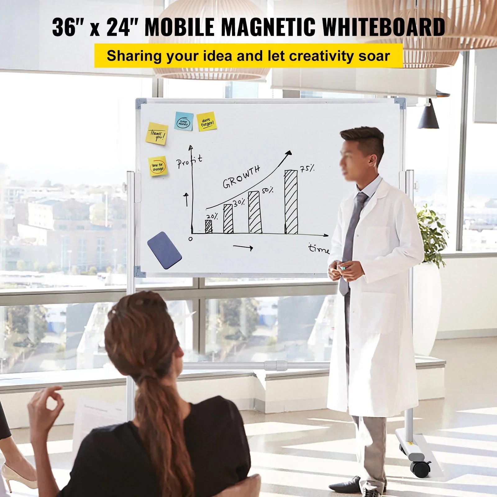 BENTISM Mobile Magnetic Whiteboard Dry Erase Board w/ Stand 36" x 24" Double Sided with Height Adjustable Aluminum Frame and 360 Reversible Rolling Lockable Swivel Wheels for Office School Home
