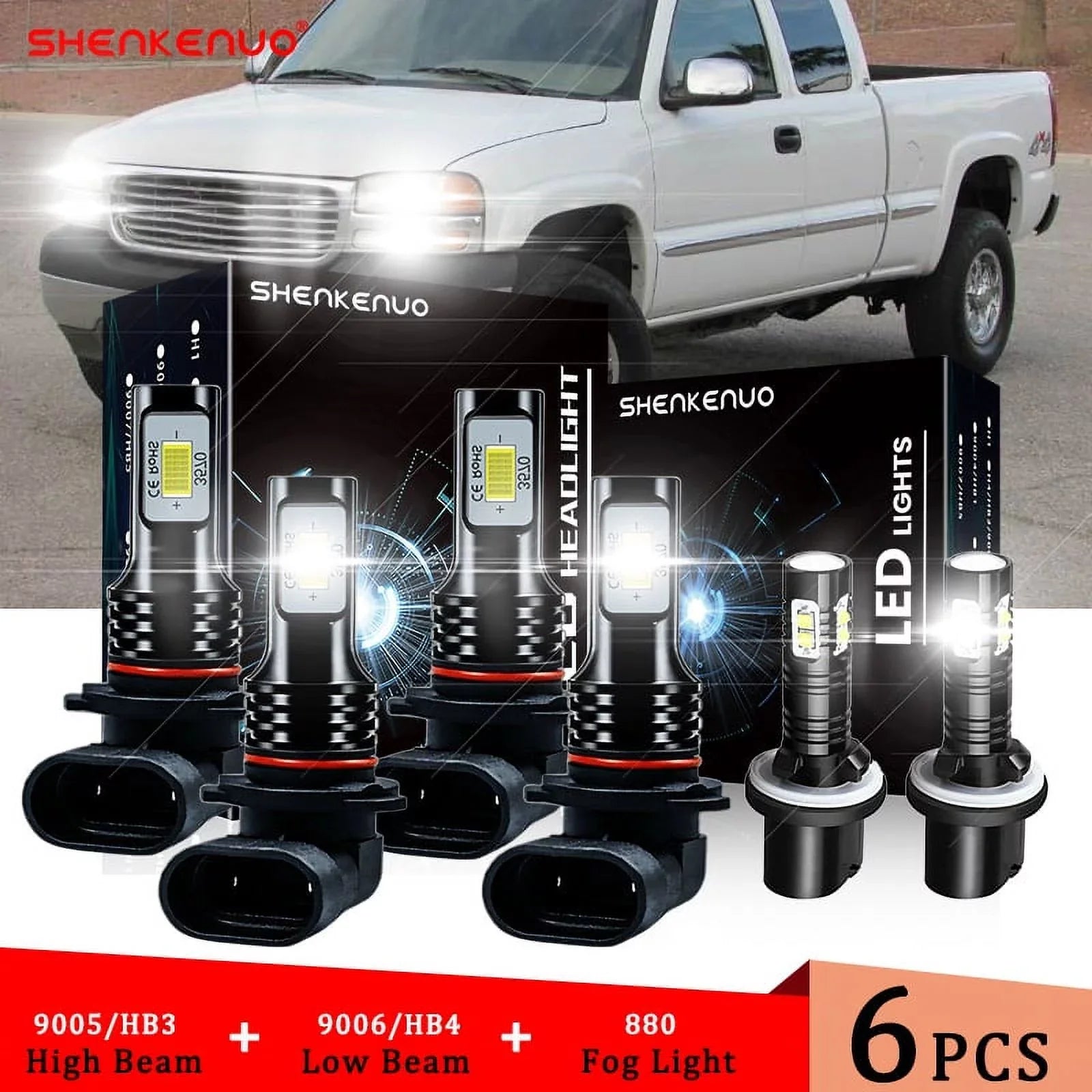 6pcs For 1999 2000 2001 2002 GMC Sierra 1500 2500 9005 9006 LED Headlight + 880 Fog Light Bulbs Super Bright white 6000K