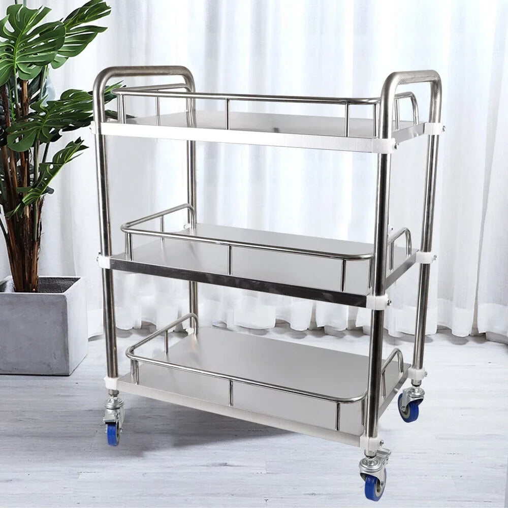 3 Layers Shelves Shelf Household Utility Cart Lab Mobile Rolling Serving Trolley Cart Stainless Steel Multifunction Storage Cart with Silent Locking Wheels for Hotel Restaurant Home Use Silver