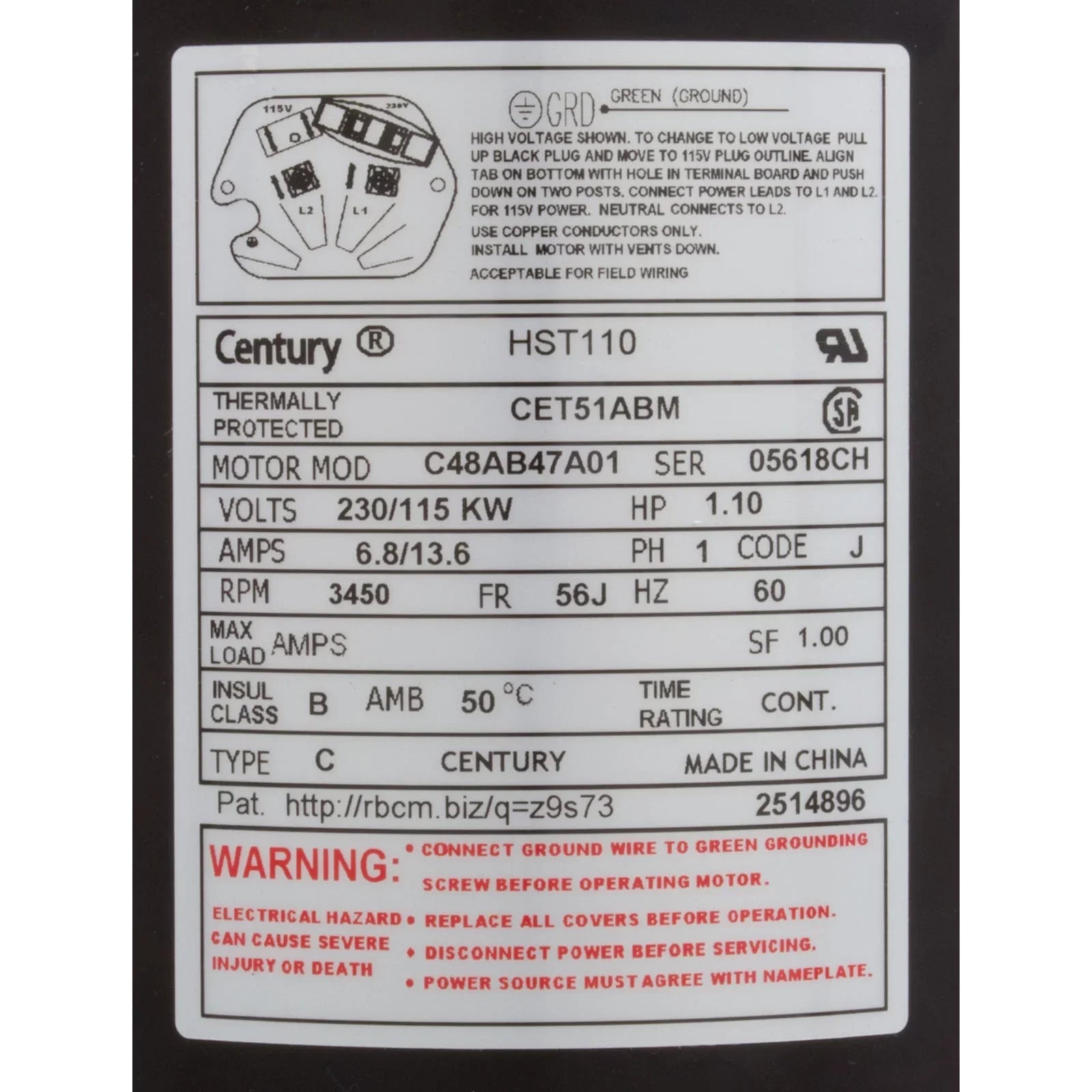 Motor, Century Centurion PRO, 1.0hp, 1Spd, 115/230v, CFace, 56Jfr