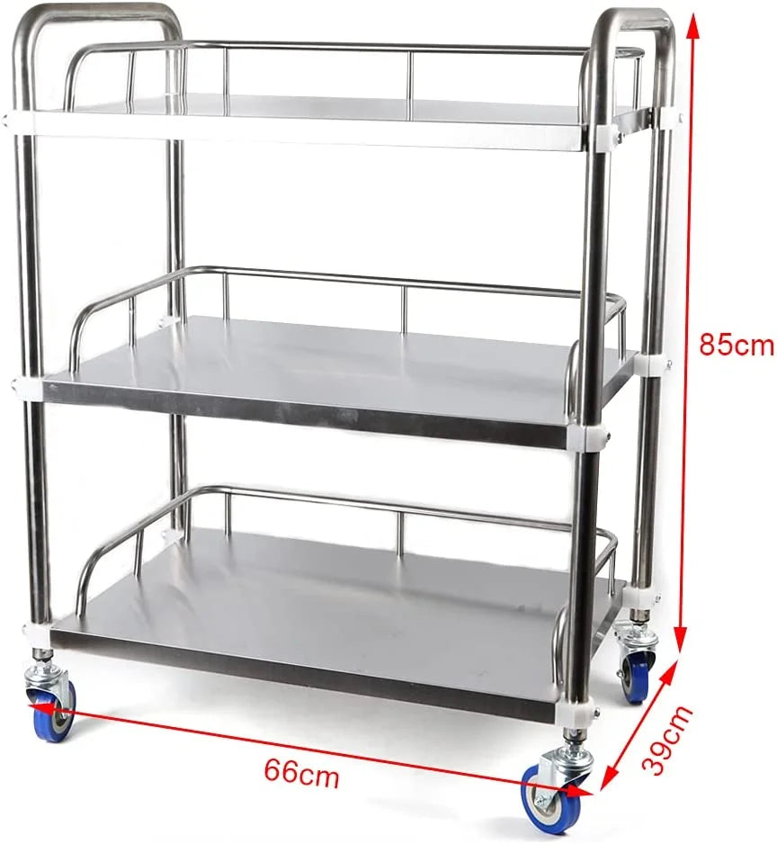 3 Layers Shelves Shelf Household Utility Cart Lab Mobile Rolling Serving Trolley Cart Stainless Steel Multifunction Storage Cart with Silent Locking Wheels for Hotel Restaurant Home Use Silver