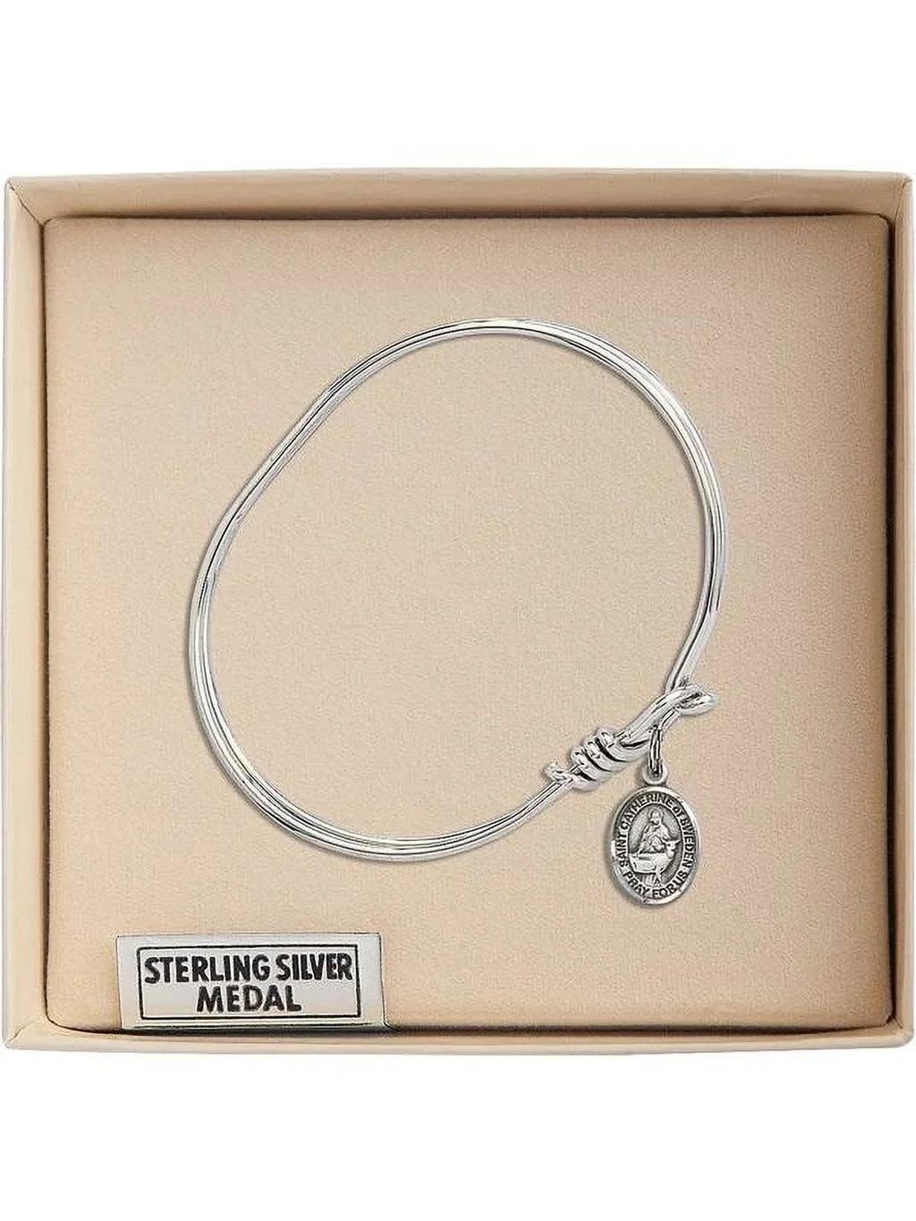 5 3/4 inch Oval Eye Hook Bangle Bracelet w/ St. Catherine of Sweden in Sterling Silver