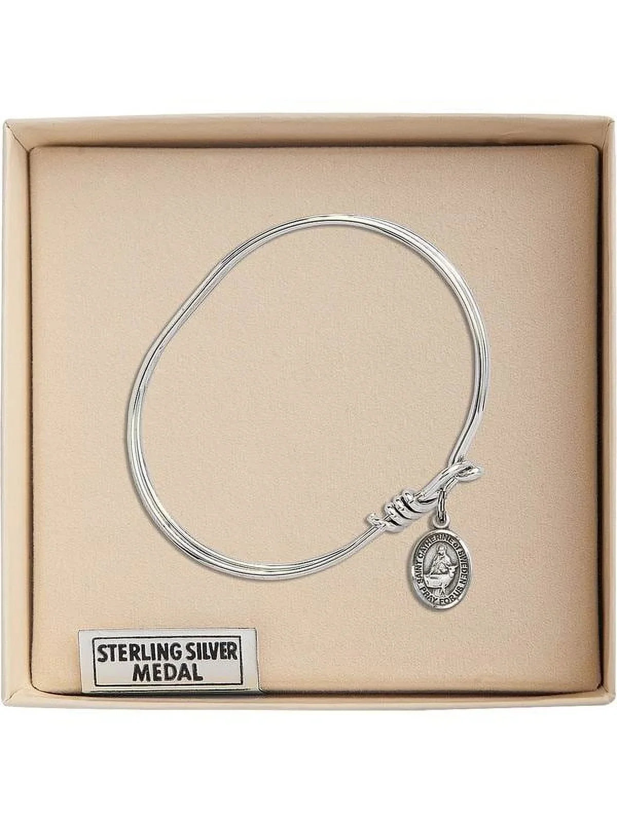 5 3/4 inch Oval Eye Hook Bangle Bracelet w/ St. Catherine of Sweden in Sterling Silver