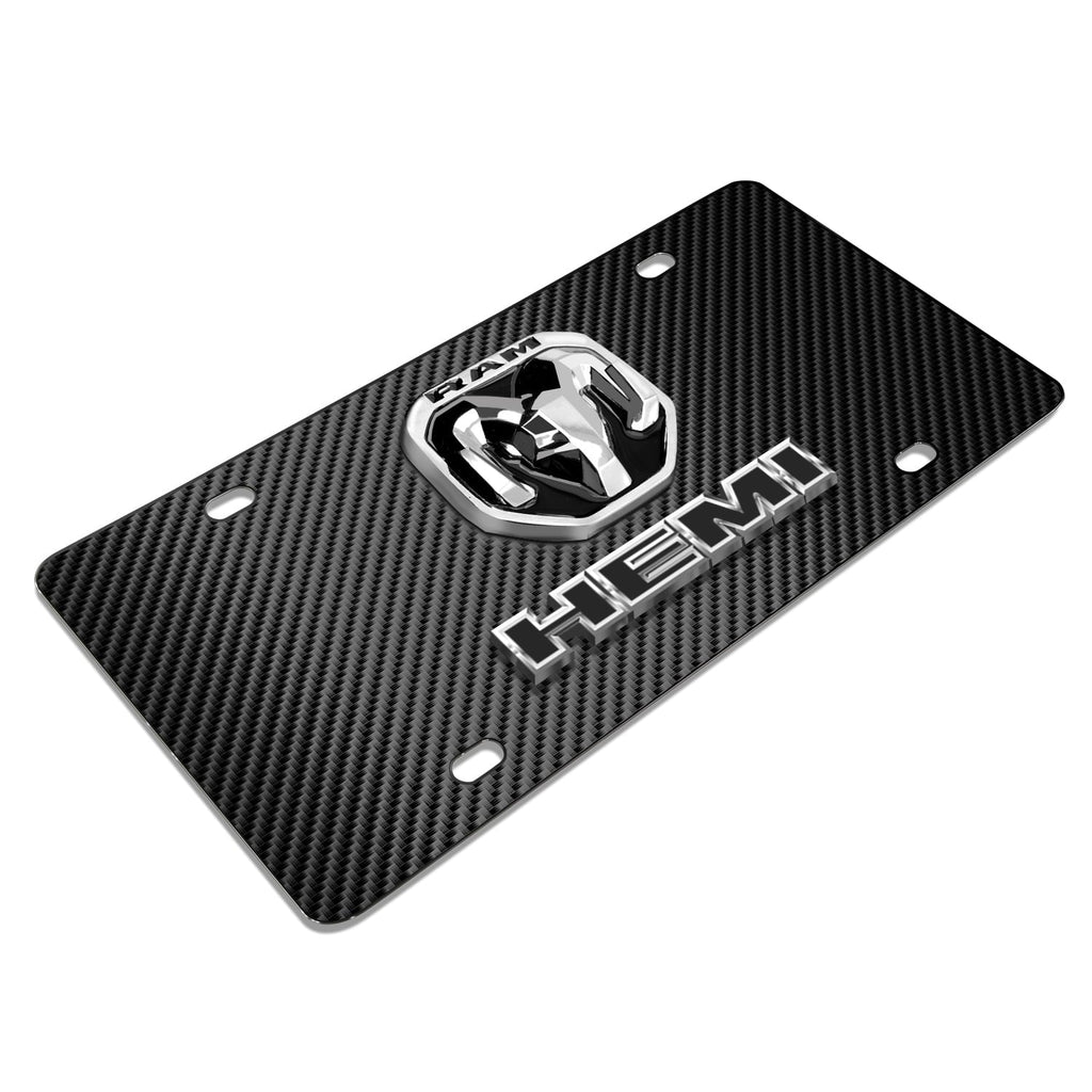 RAM 2019 up HEMI 3D Dual Logo Black Carbon Fiber Patten Steel License Plate