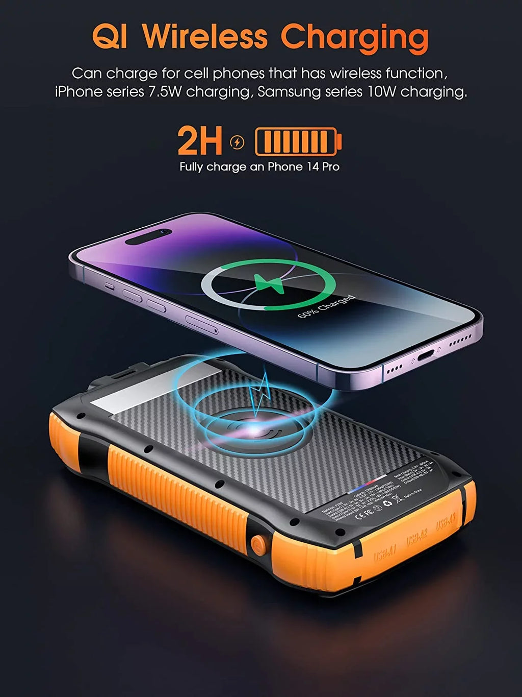 Solar Power Bank for Ulefone Power Armor 14 Pro - Portable Charger 33500mAh QC3.0 18W PD 20W Fast Charging, Portable Charger with 10W Wireless 5 Outputs IP67 Waterproof 6W Flashlight