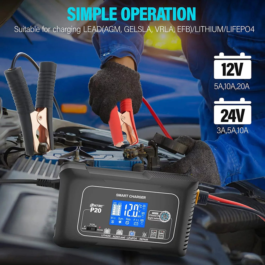 OIEXI 20-Amp Smart Battery Charger,Lithium,LiFePO4,Lead-Acid,Portable Car Battery Charger,Trickle Charger,Maintainer/Deep Cycle Charger,12V/20A and 24V/10A Adjustable,for Vessel Mower,Golf Cart..
