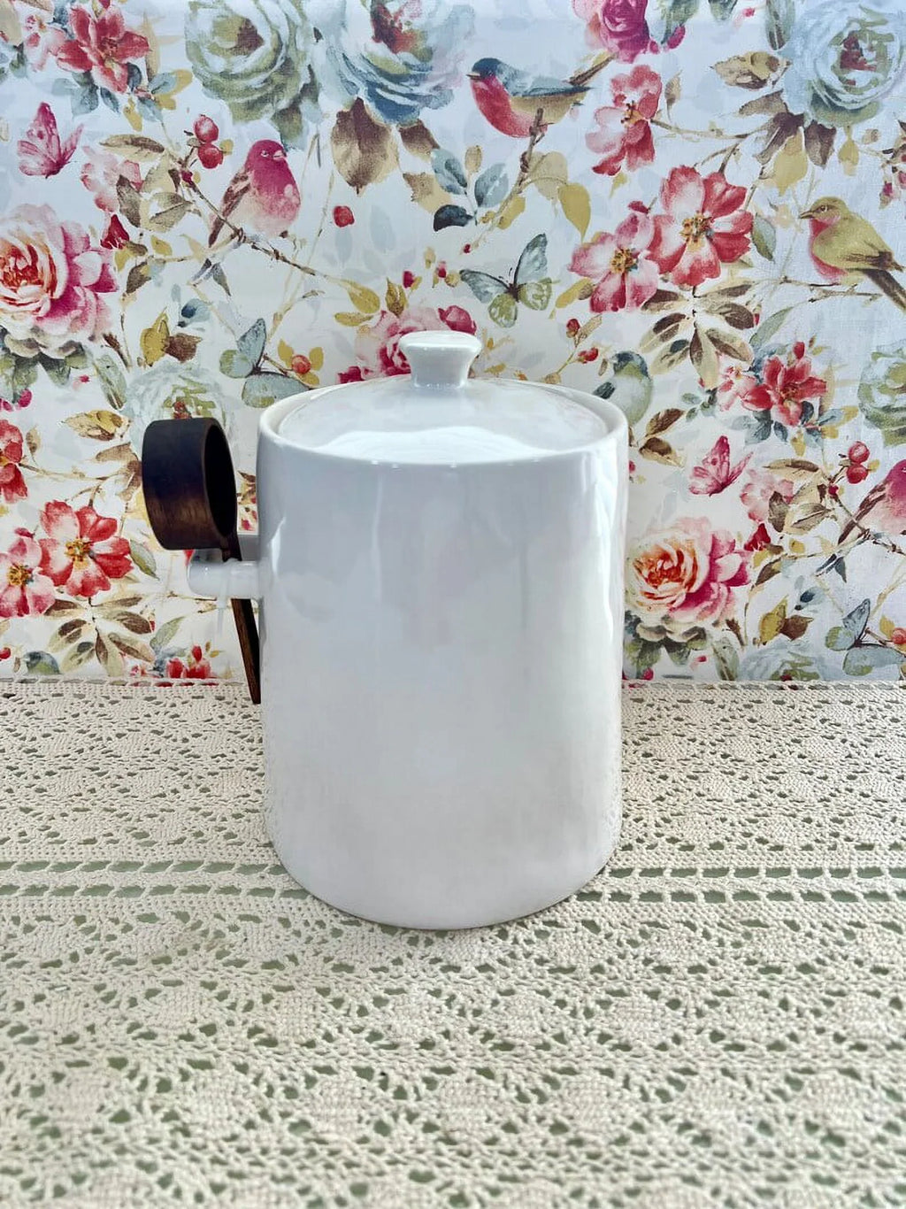 Rae Dunn New Bell Shaped Large Flour Canister Ivory Ceramic with Wooden Scoop Black LL Letters Kitchen