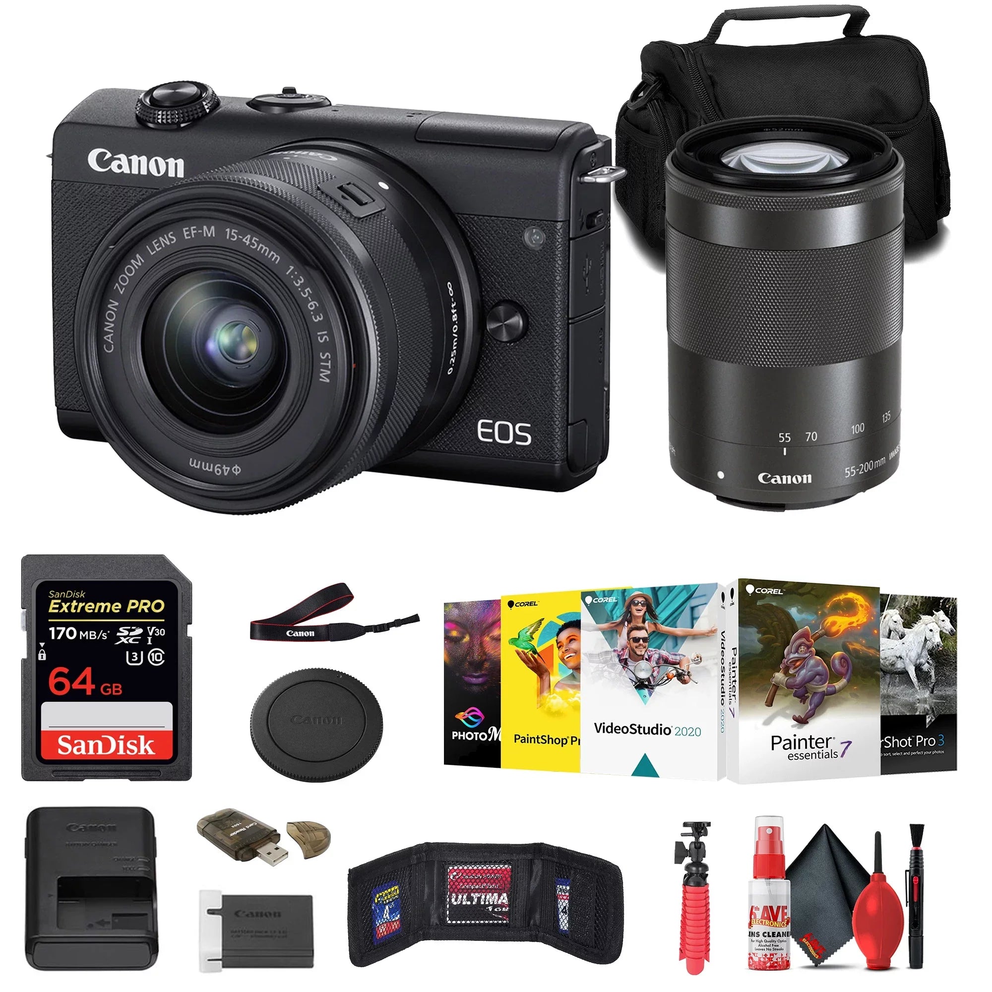 Canon EOS M200 Mirrorless Camera with 15-45mm and 55-200mm Lenses (Black) (3699C009) + 64GB Card + Card Reader + l Photo Software + Case + Flex Tripod + Memory Wallet + Cleaning Kit