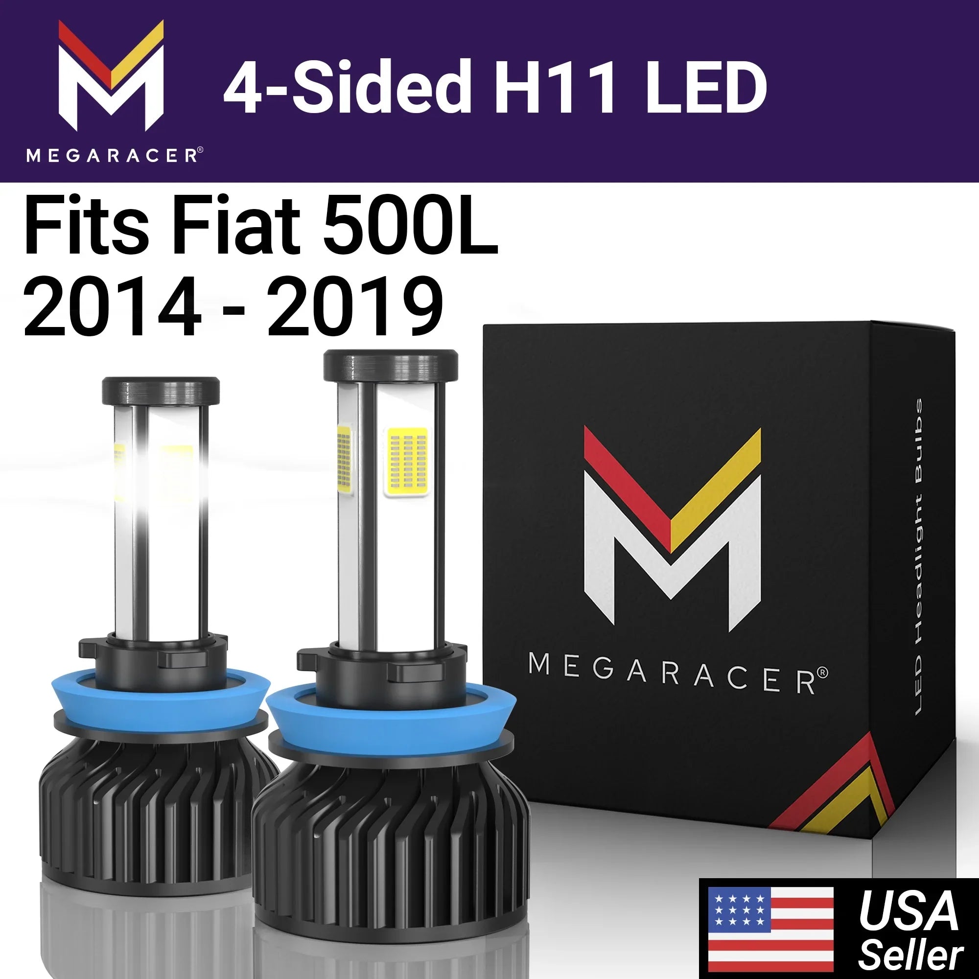 Mega Racer Fiat 500L 4 Sided H11 H9 H8 LED Headlight Bulbs 6000K Diamond White 12V 60W 10000LM Fiat 500L 2014 2015 2016 2017 2018 2019 14 15 16 17 18 19 Fog Light Automotive Replacement