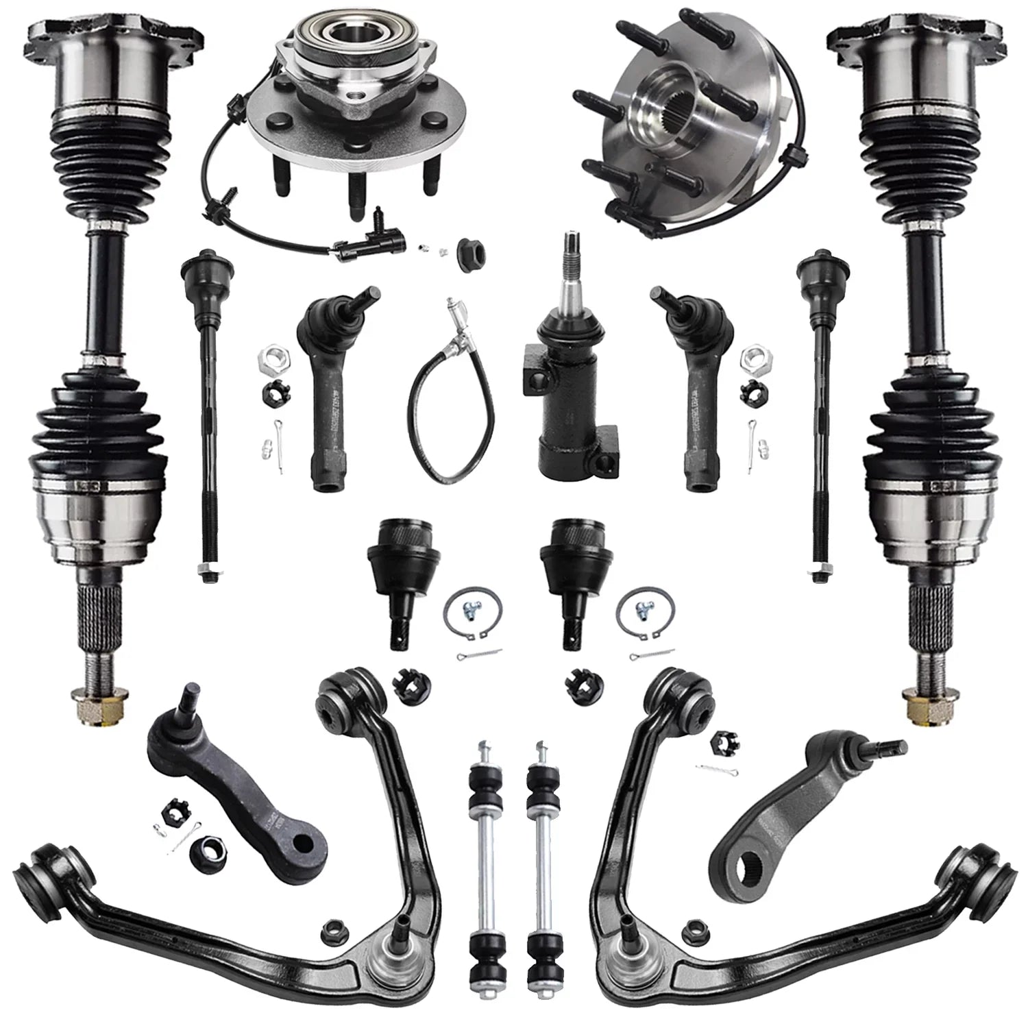 Detroit Axle - Front End 17pc Kit for 1999-2006 Chevy GMC Silverado Sierra 1500 Upper Control Arms w/Ball Joints CV Axles Wheel Hubs Replacement Sway Bar Links Tie Rods Steering Idler Pitman Arm