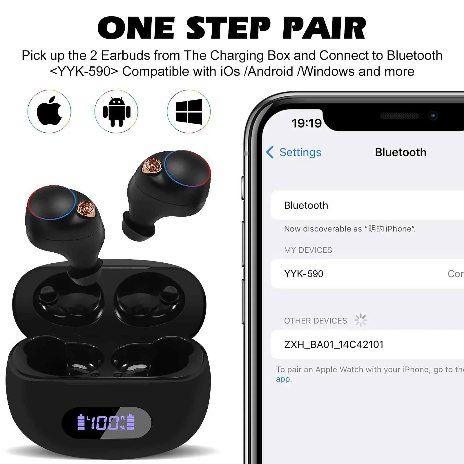 UrbanX True Wireless Bluetooth Earbuds + Charging Case, Black, Dual Connect, IPX5 Water Resistance, Bluetooth 5.2 Connection, Balanced, Bass Boost Suitable with Lenovo Yoga Smart Tab