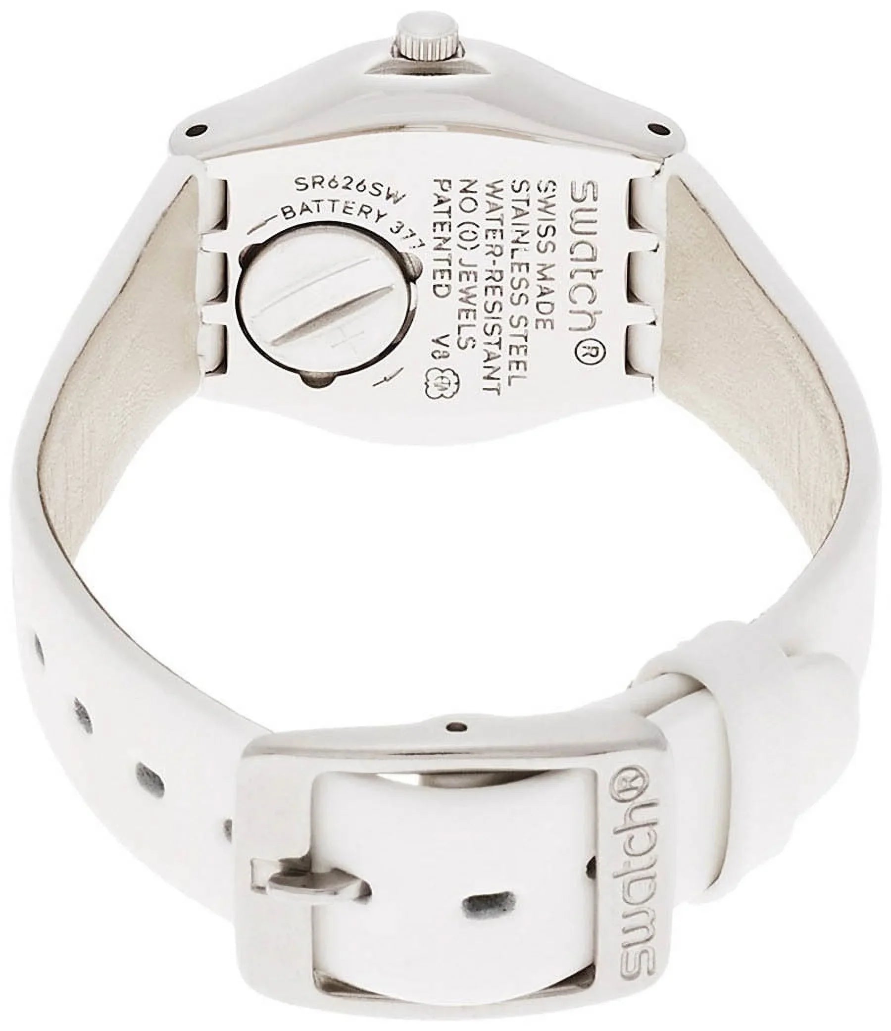Swatch YSS296 Silver Tone Dial White Leather Strap Women's Watch