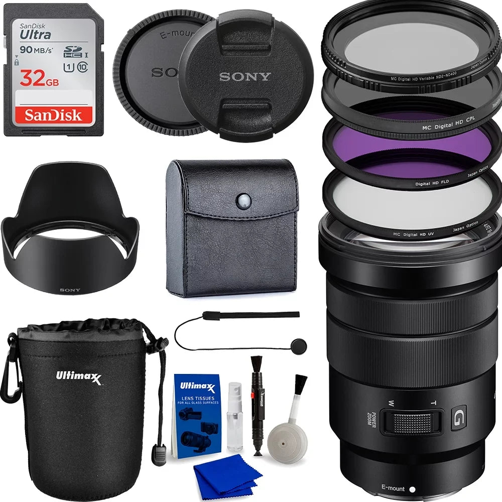 Sony E PZ 18-105mm f/4 G OSS Lens with Essential Accessory Bundle - Includes: Water Durable Lens Pouch, SanDisk 32GB Memory Card, 3 Piece Multicoated HD Filters with Case (UV,CPL, FLD), Variable Neu