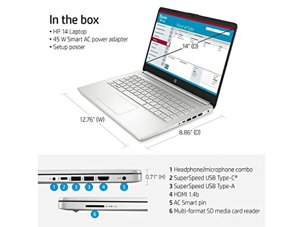 HP 2023 Newest 14 Laptop, 14" Display, i5 1135G7 Processor, 32GB RAM, 1TB SSD, Iris Xe Graphics, Bluetooth, Webcam, HDMI, Windows 11 Home, Natural Silver