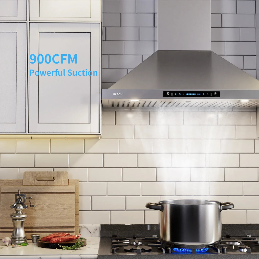 IKTCH Range Hoods 30 inch Wall Mount 900 CFM Ducted/Ductless Convertible, Kitchen Chimney Vent Stainless Steel with Gesture Sensing & Touch Control Switch Panel, 2 Pcs Adjustable Lights(IKP02-30)