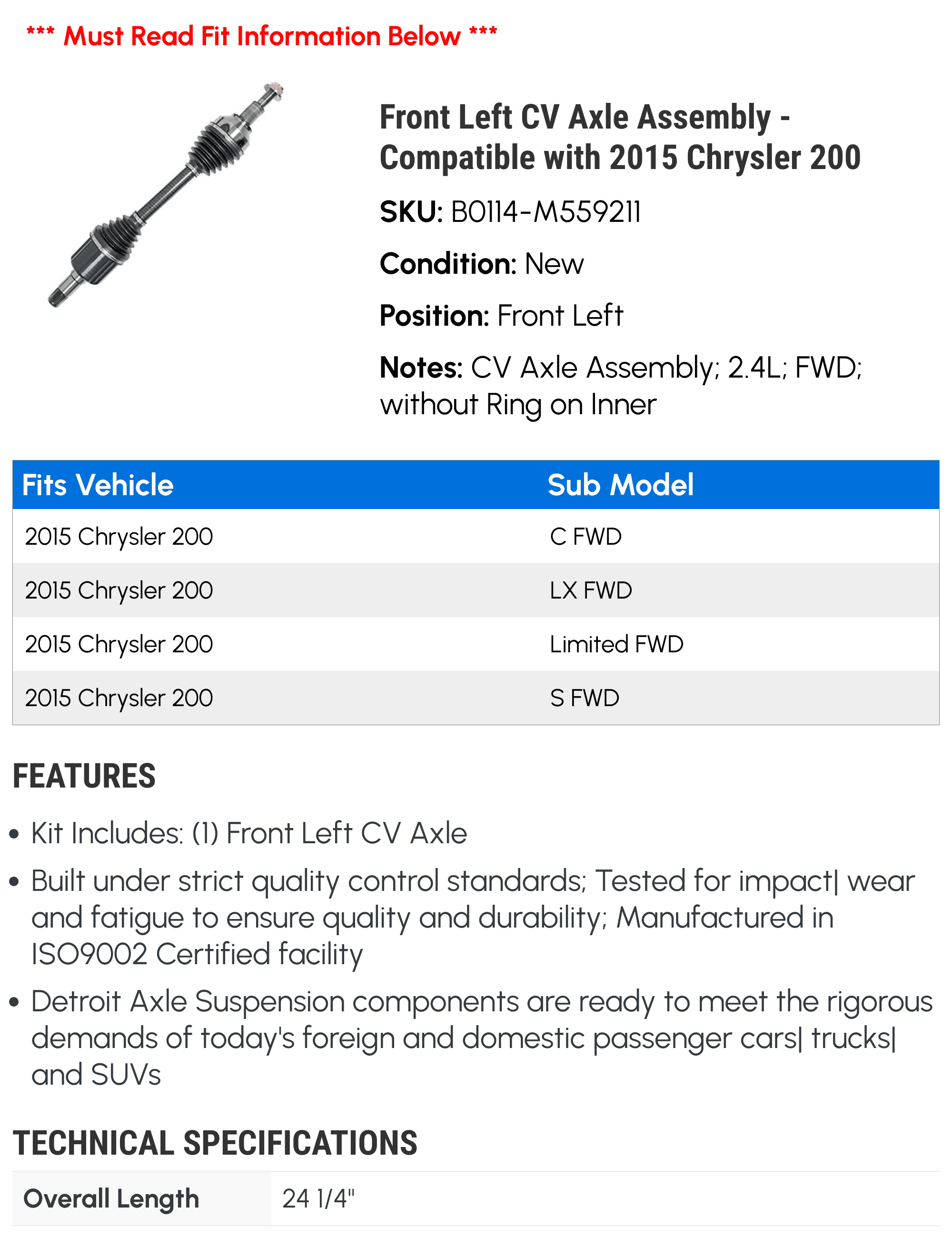 Front Left CV Axle Assembly - Matching with 2015 Chrysler 200