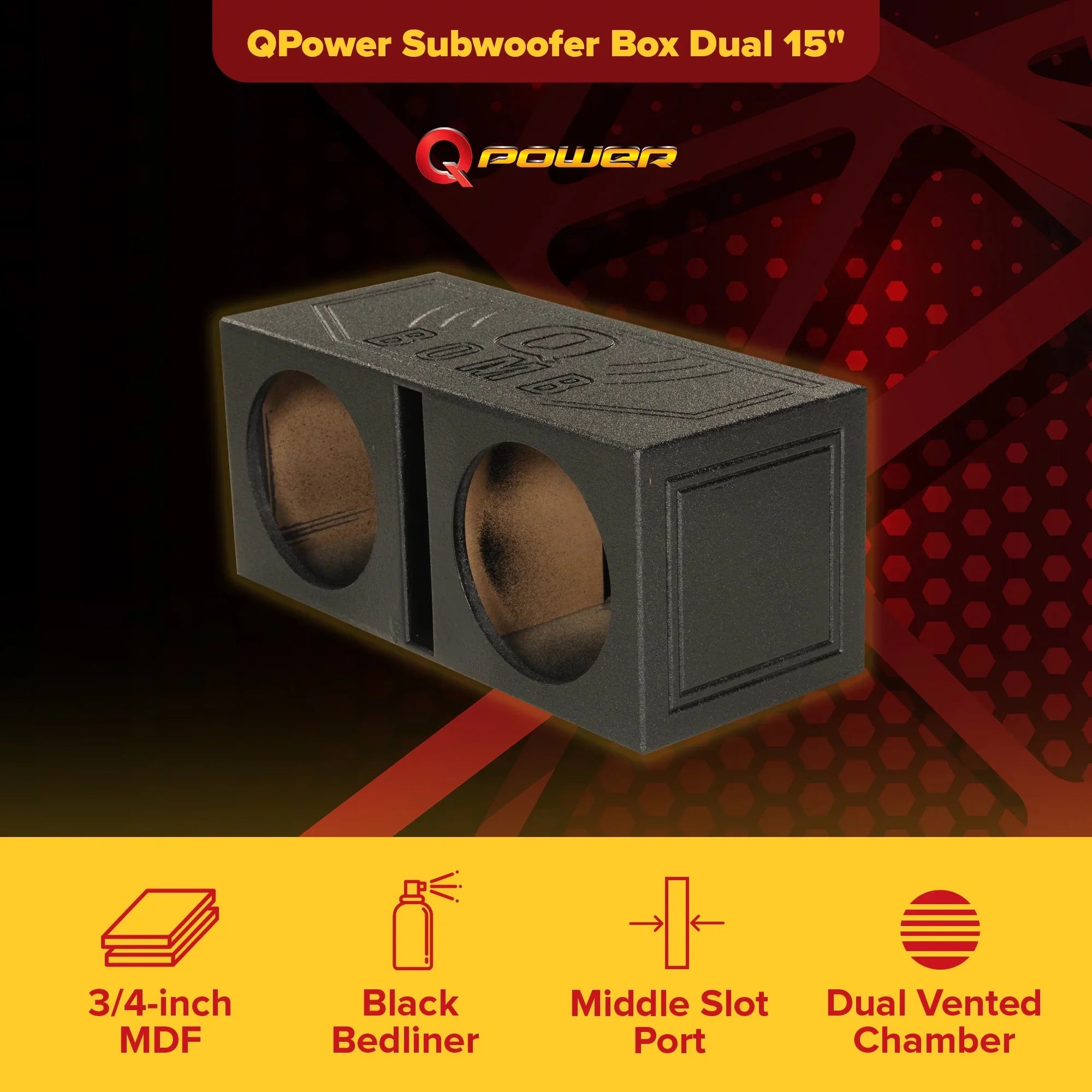 QPower QBOMB15V Dual 15" Vented Port Subwoofer Sub Box w/ Bedliner Spray