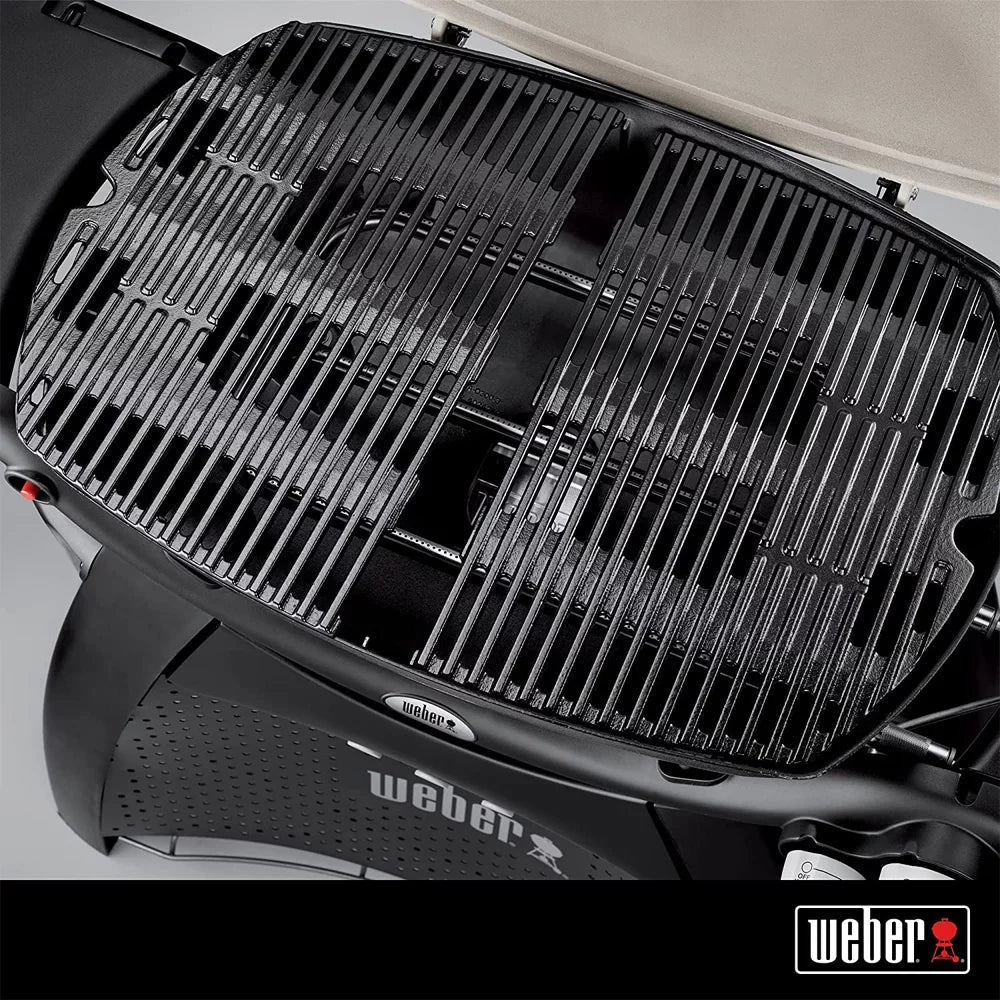 Weber 7646 Cast Iron Cooking Grates for Weber Q 300/3000 Series Grills Bundle with Generic Aluminum Drip Pans Set of 3 and Grill Wrap Barbecue Waterproof Outdoor Protection