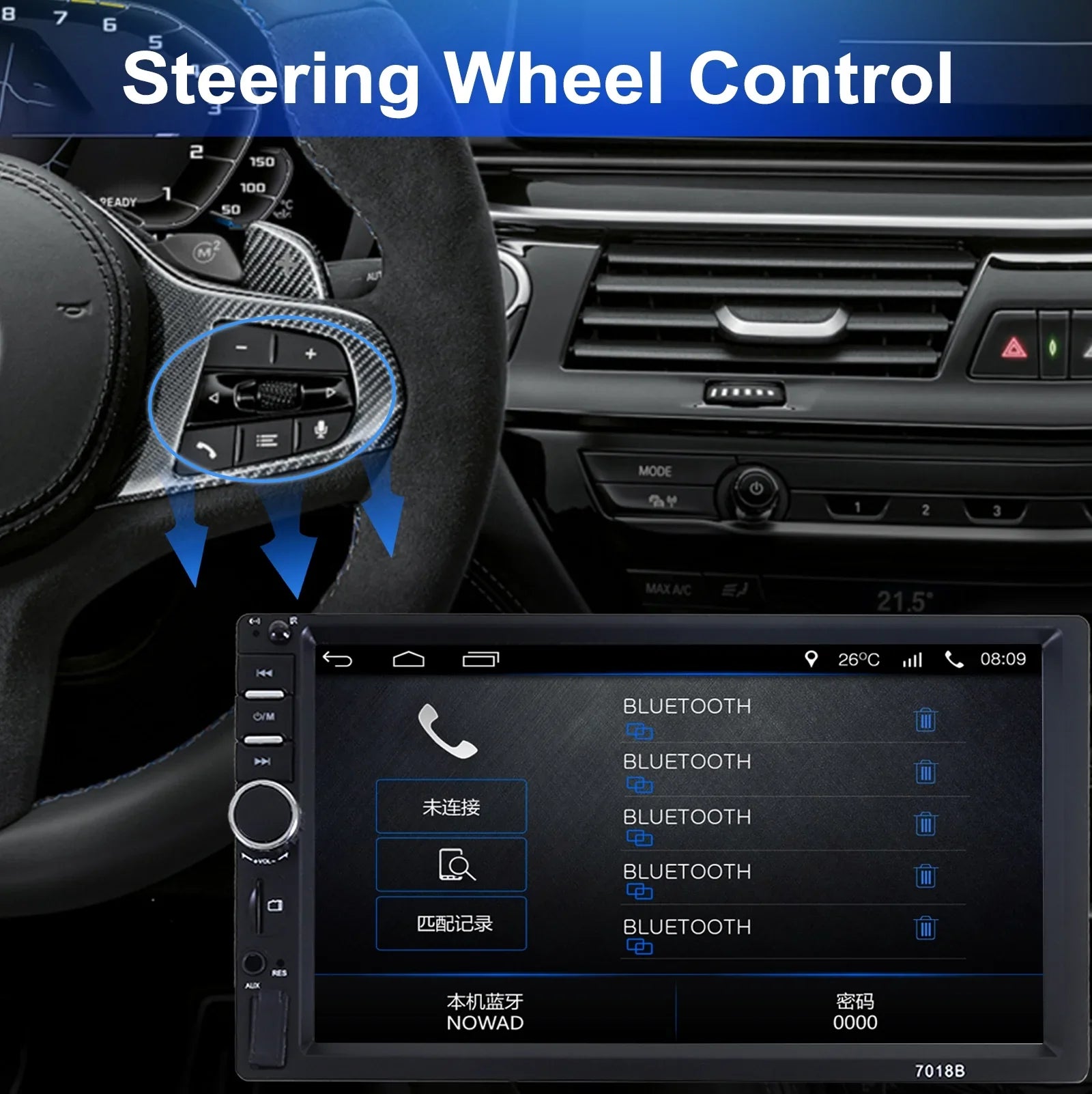 Double 2 Din Car Stereo Radio MP5 Player, 7 Inch HD Touch Screen Bluetooth Car Video Player 1080P with Backup Reversing Camera