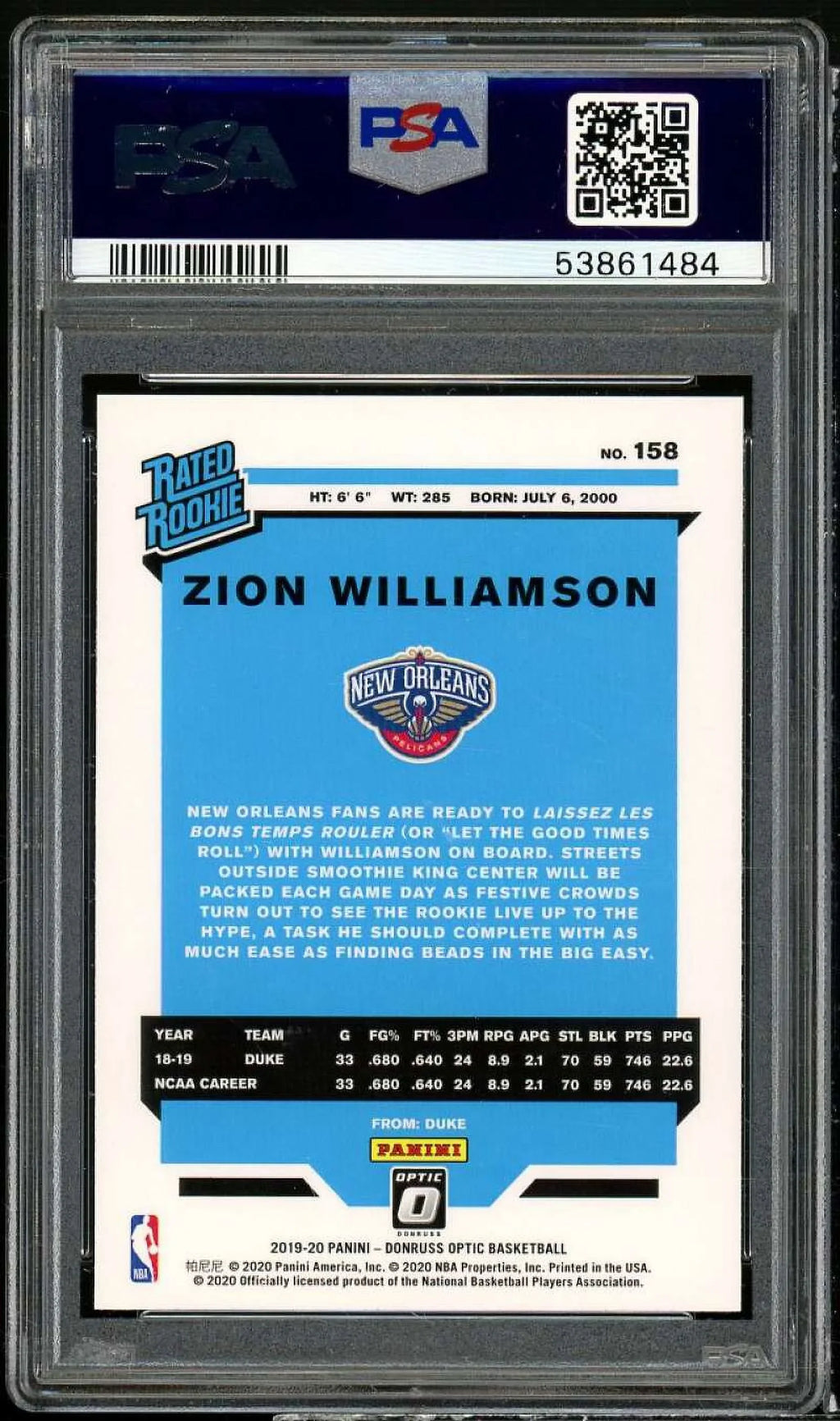Zion Williamson Rookie Card 2019-20 Panini Donruss Optic #158 PSA 9