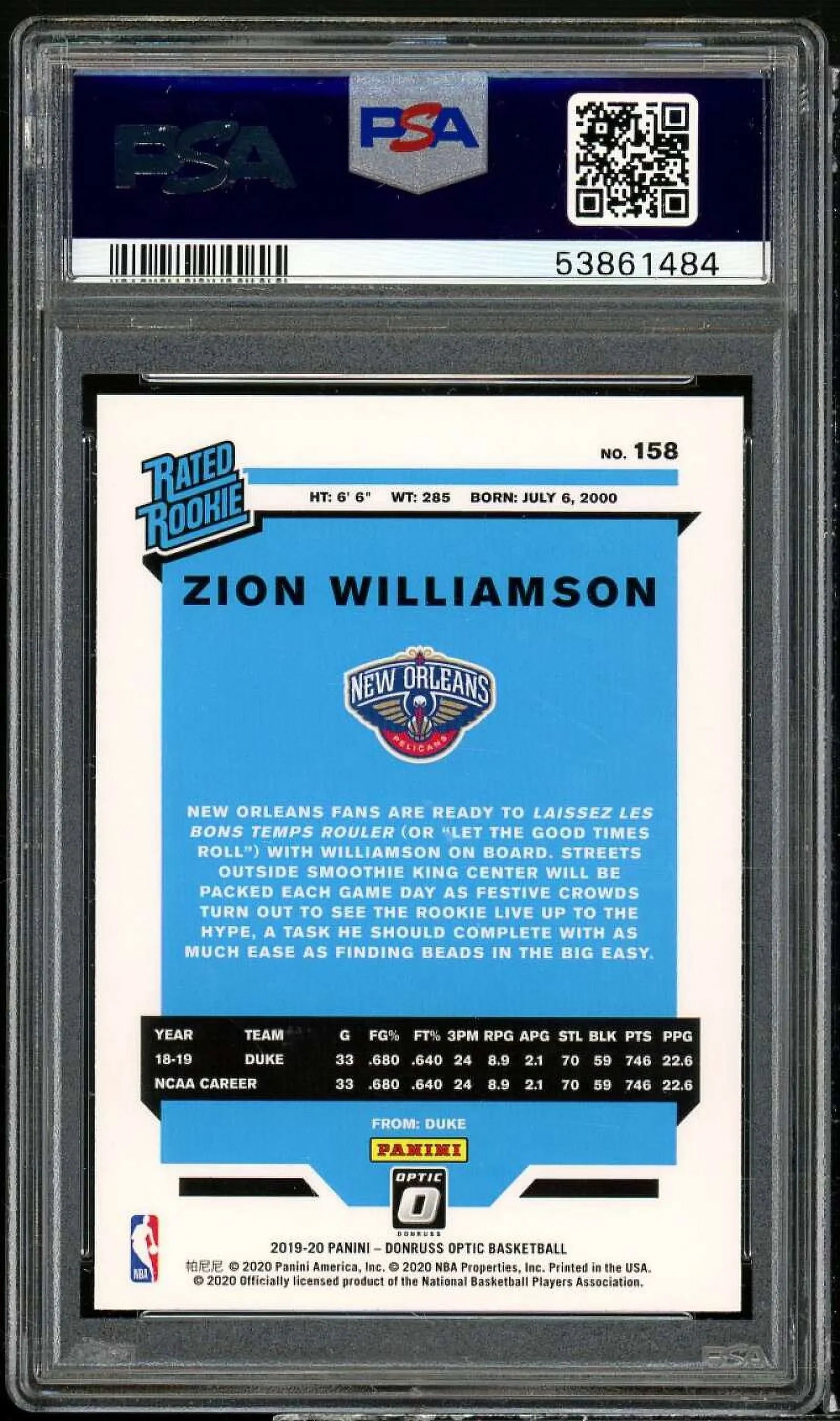 Zion Williamson Rookie Card 2019-20 Panini Donruss Optic #158 PSA 9