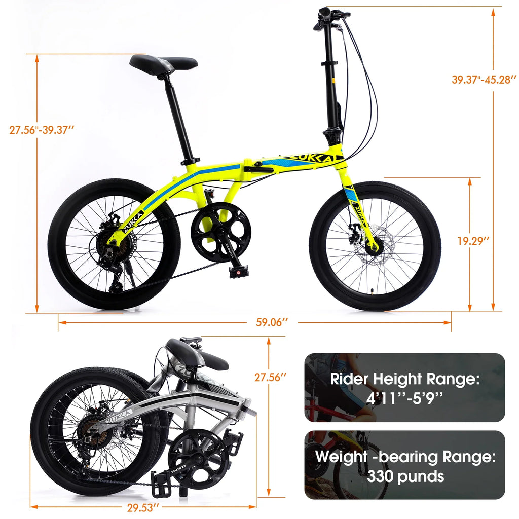 20" Folding Bike, 8 Speed City Bike, Aluminium Alloy Frame, Yellow
